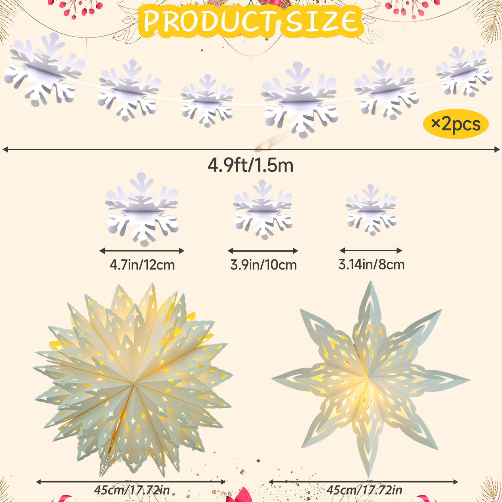 OuMuaMua Christmas Paper Lanterns - 2 Pcs White Star Lanterns with LED Lights for Holiday Decor, Model GSD002