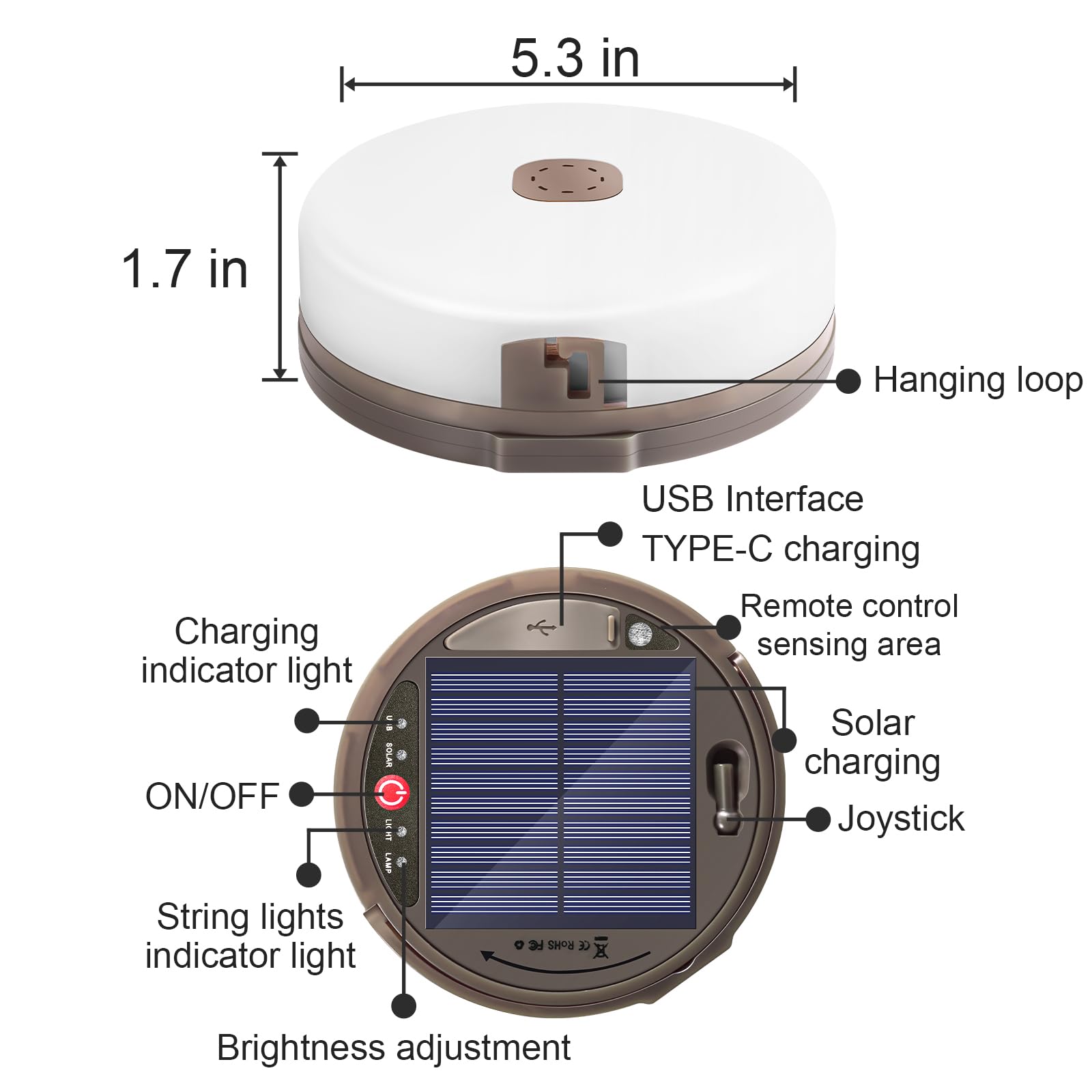 HELESIN Camping String Light - 42ft Solar/USB Rechargeable, 3600mAh, Warm White, Waterproof, 8 Lighting Modes, Portable Tent Lights
