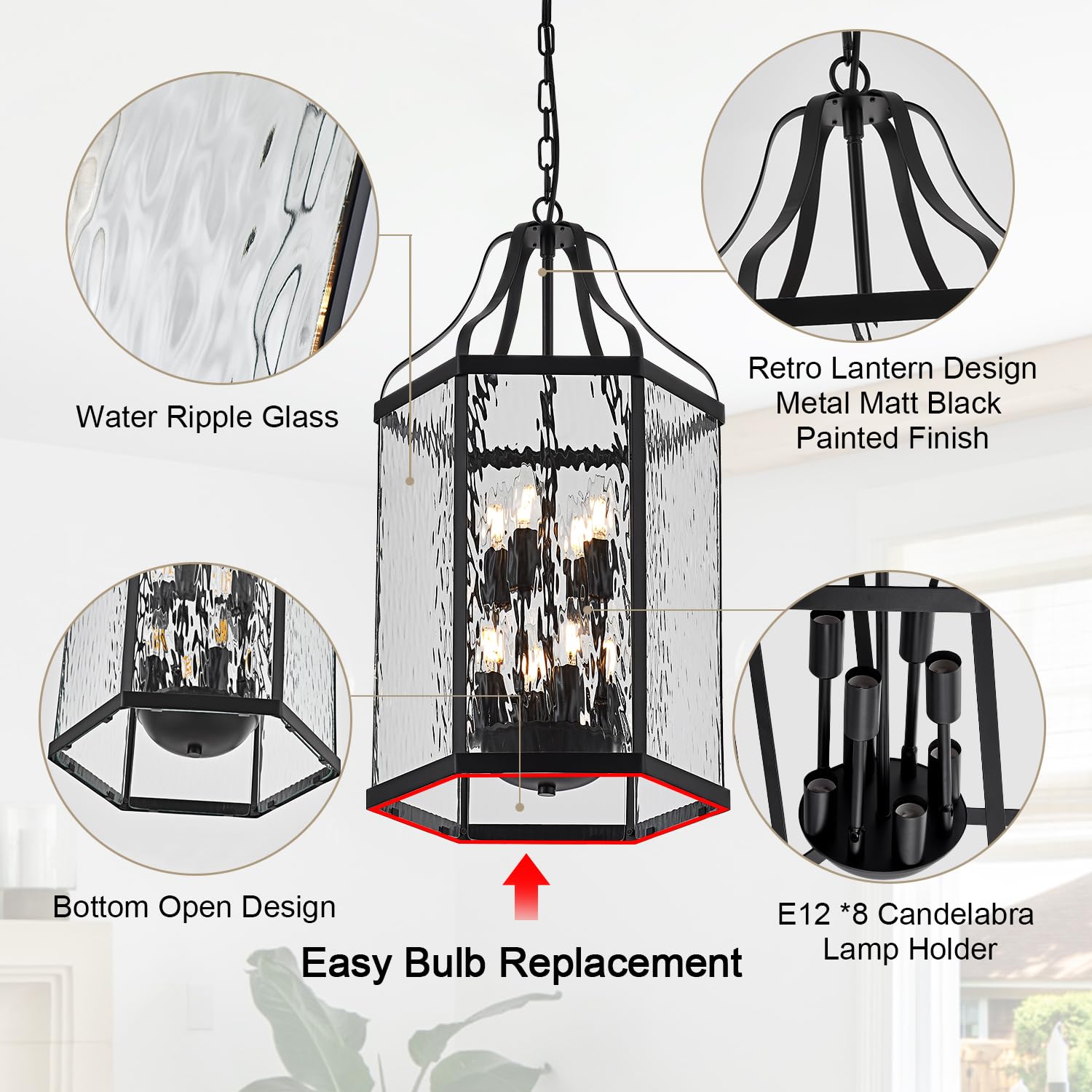 Lighceac 14'' Modern 8-Light Exterior Black Lantern Pendant Light Fixture With Clear Rippled Glass Mini Industrial Hanging Cage