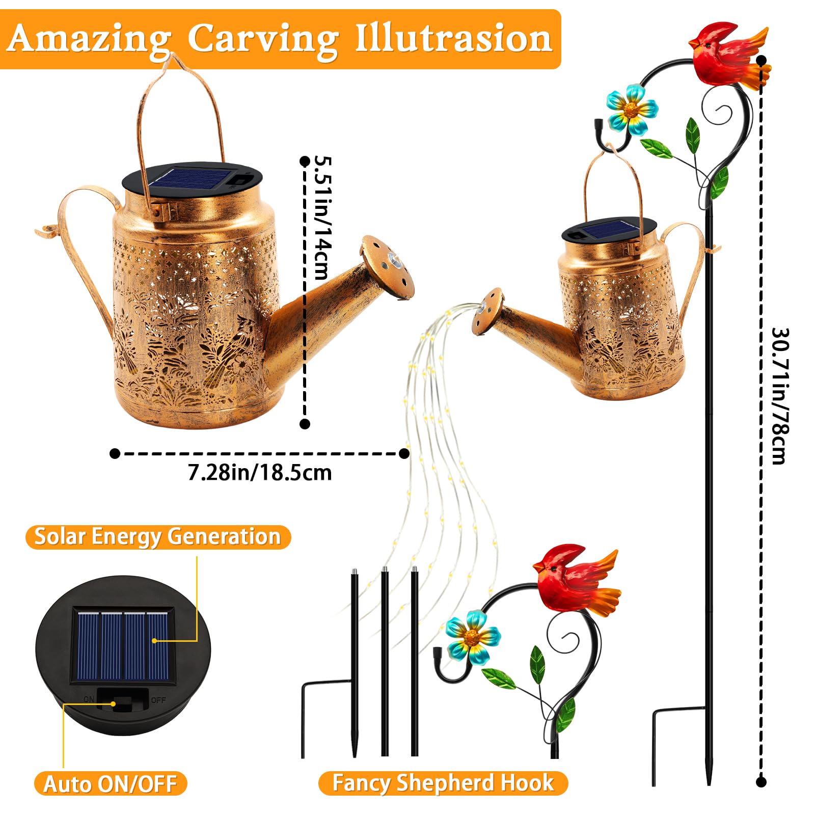 Solar Lights Outdoor Garden Decor, Cardinals Hanging Waterproof Watering Can Lights Outside Decorations For Yard Front Porch Pat