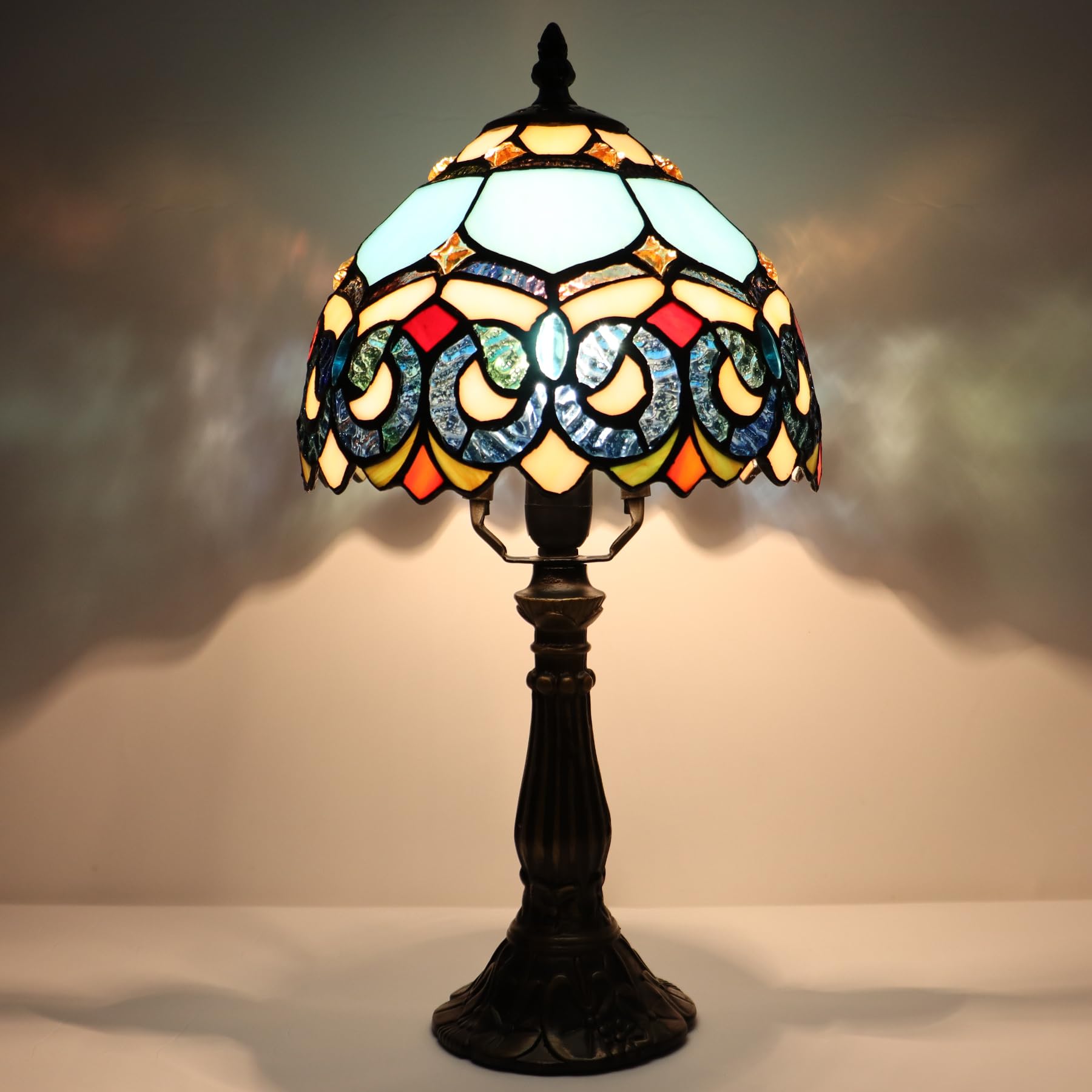 Lxhcyou Small Tiffany Lamp Mini Accent Table Lamp Stained Glass Desk Memory Lamp Sympathy 8X14.5 Inch (Sapphire Style)