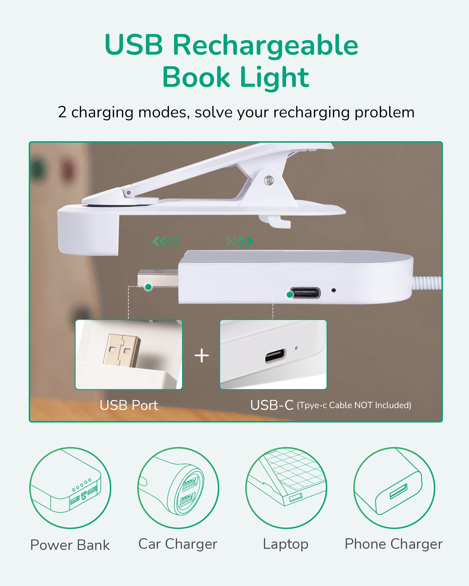 EDISHINE USB Rechargeable Clip On Book Light, 3 Color Modes, Dimmable, Eye Care LED Lamp, Model HBRL11A1, White