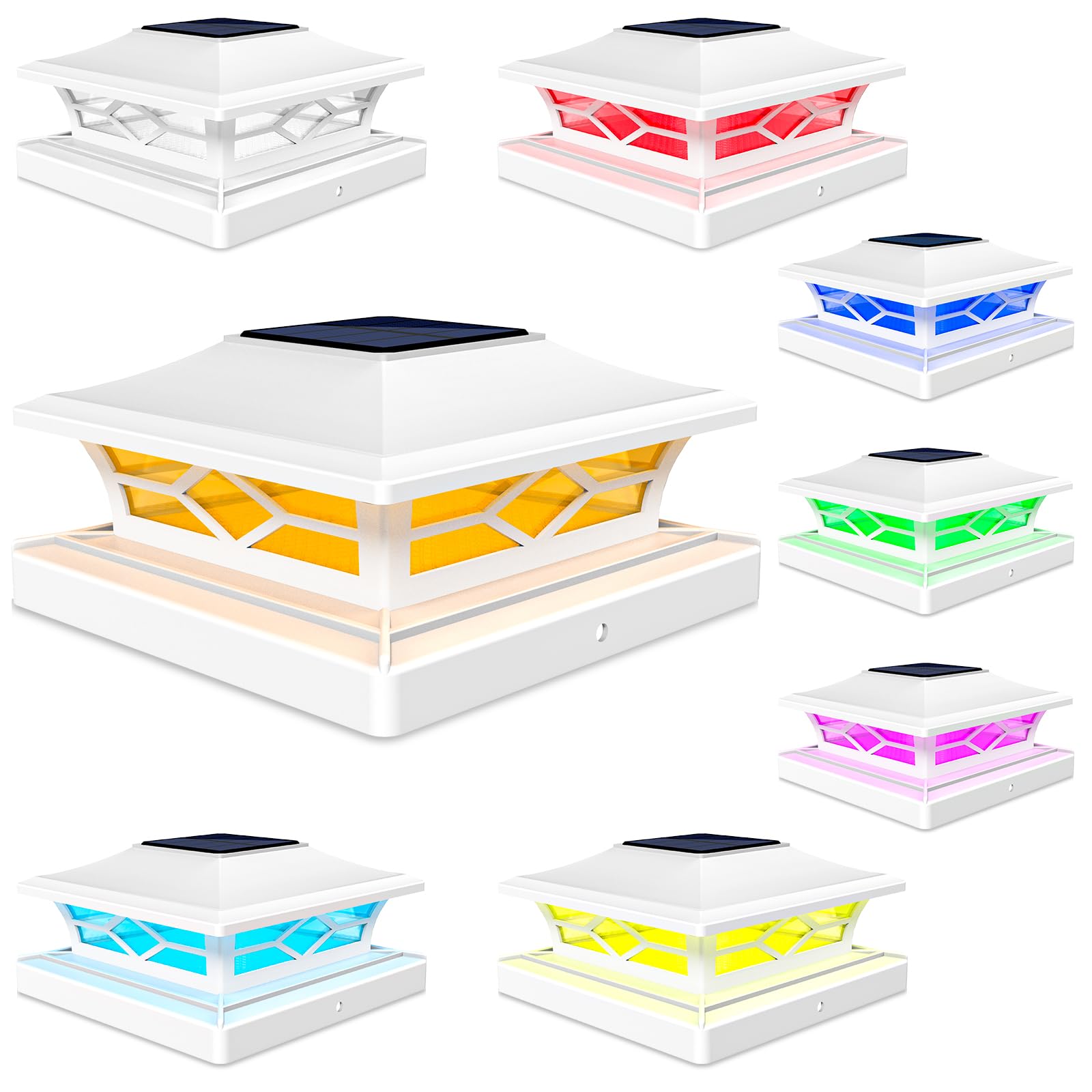 VOLISUN Solar Fence Post Cap Light, Waterproof RGB Color Changing, 8 Pack, White, for 4x4 x6 Wooden or Vinyl Posts, Patio Garden Decor