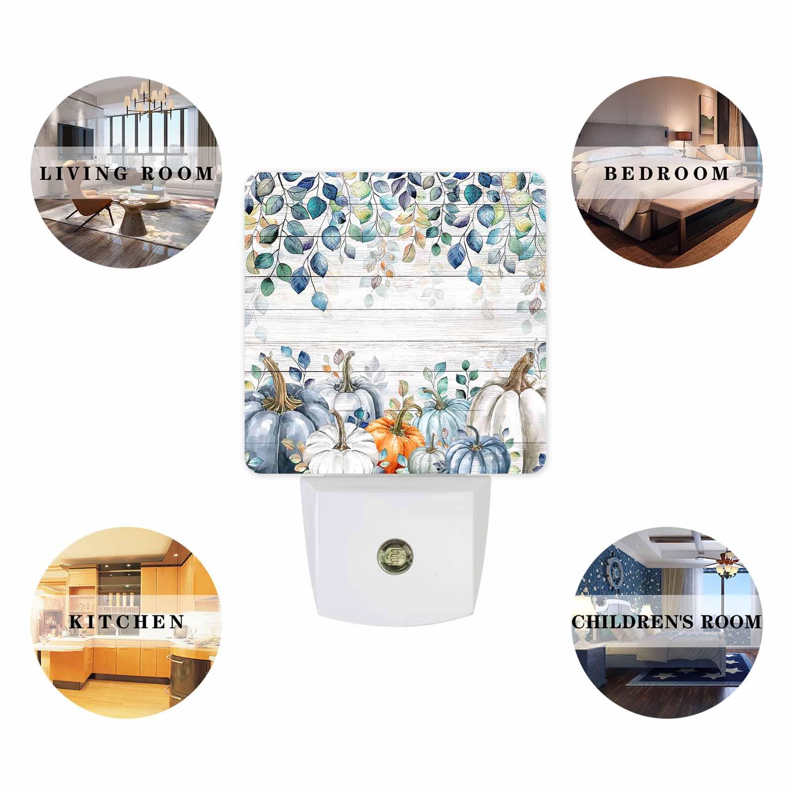 Fall Night Lights Auto Sensor Blue Pumpkin Plug-In Led Nightlights Dusk To Dawn For Living Room  Bedroom  Bathroom  Kitchen  Hallway  Stairways Holiday Thanksgiving Decor  Teal Blue Eucalyptus Leaves