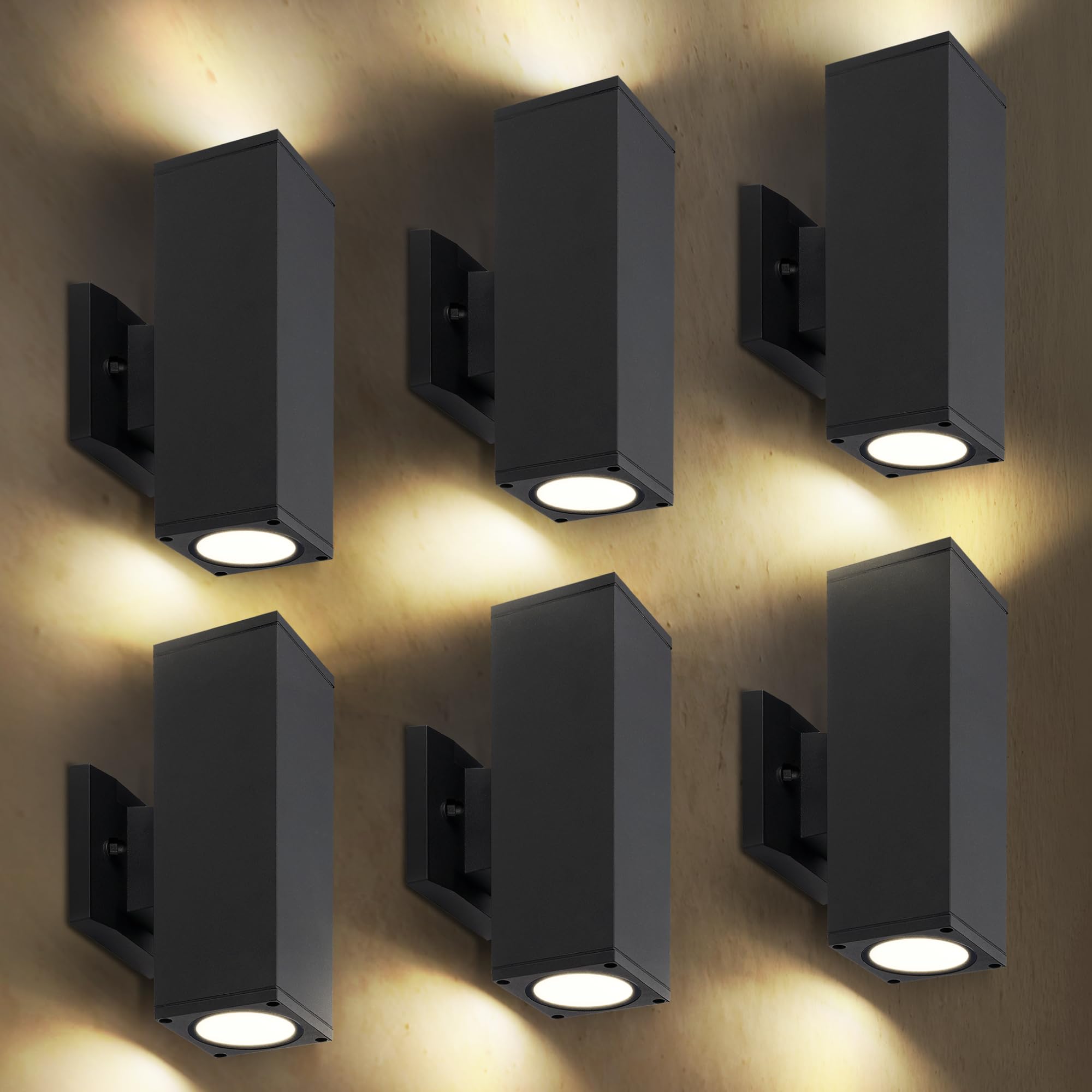 ASD 2 Light Square LED Indoor & Outdoor Wall Light Fixture | 18W 1900LM 3000K-5000K 120V Cylinder Up Down Lights | Dimmable Exterior Wall Sconce | Front Door  Porch  Patio | Black  ETL 6 Pack
