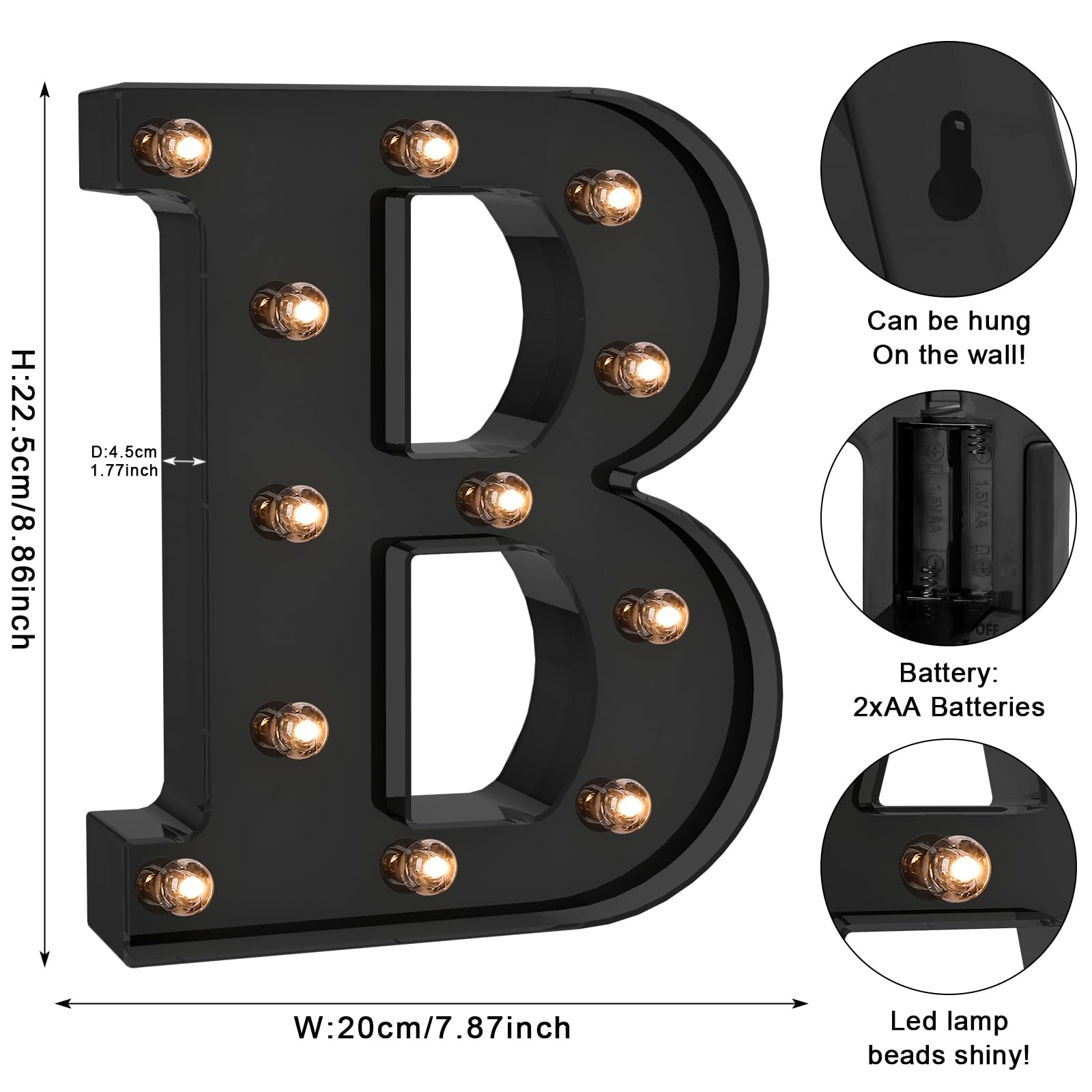 Foaky LED Letter Lights - Black Alphabet Decor, Battery Operated, Model B, Plastic for Bedroom, Wedding, Party