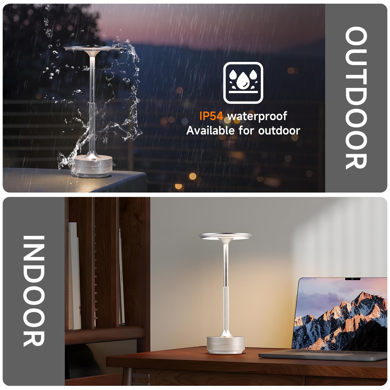 KROPTIB Cordless Table Lamp LED Rechargeable 3 Color Dimming 5000mAh Waterproof Silver Model ttl-fd-si-1