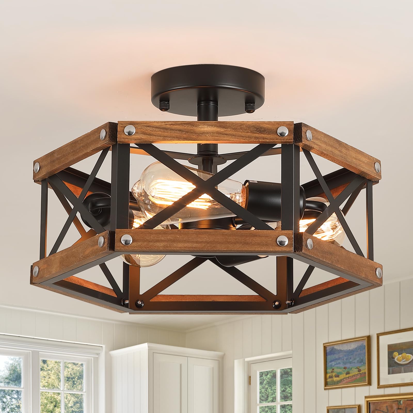 3-Light Rustic Farmhouse Wood Flush Mount Ceiling Light Fixture 14.5 Inch Oak Wood And Metal Hexagon Cage Semi Flush Mount Ceili
