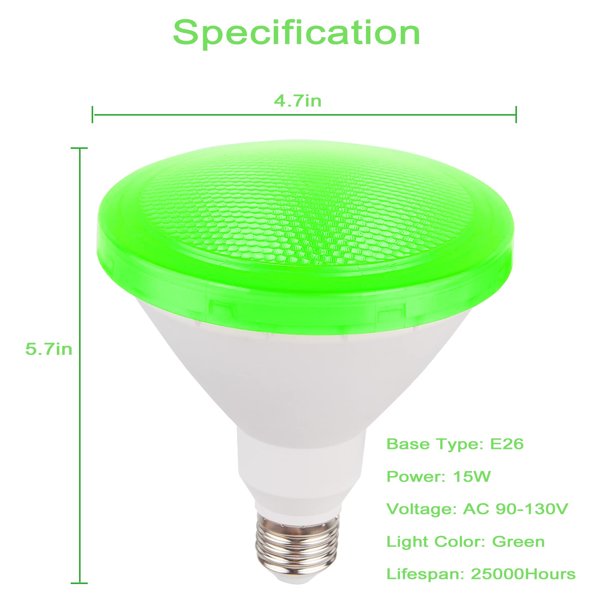 GREENIC Green LED Flood Light Bulb, 15W (100W Equivalent), PAR38 Size, E26 Base, Plastic, 2 Pack