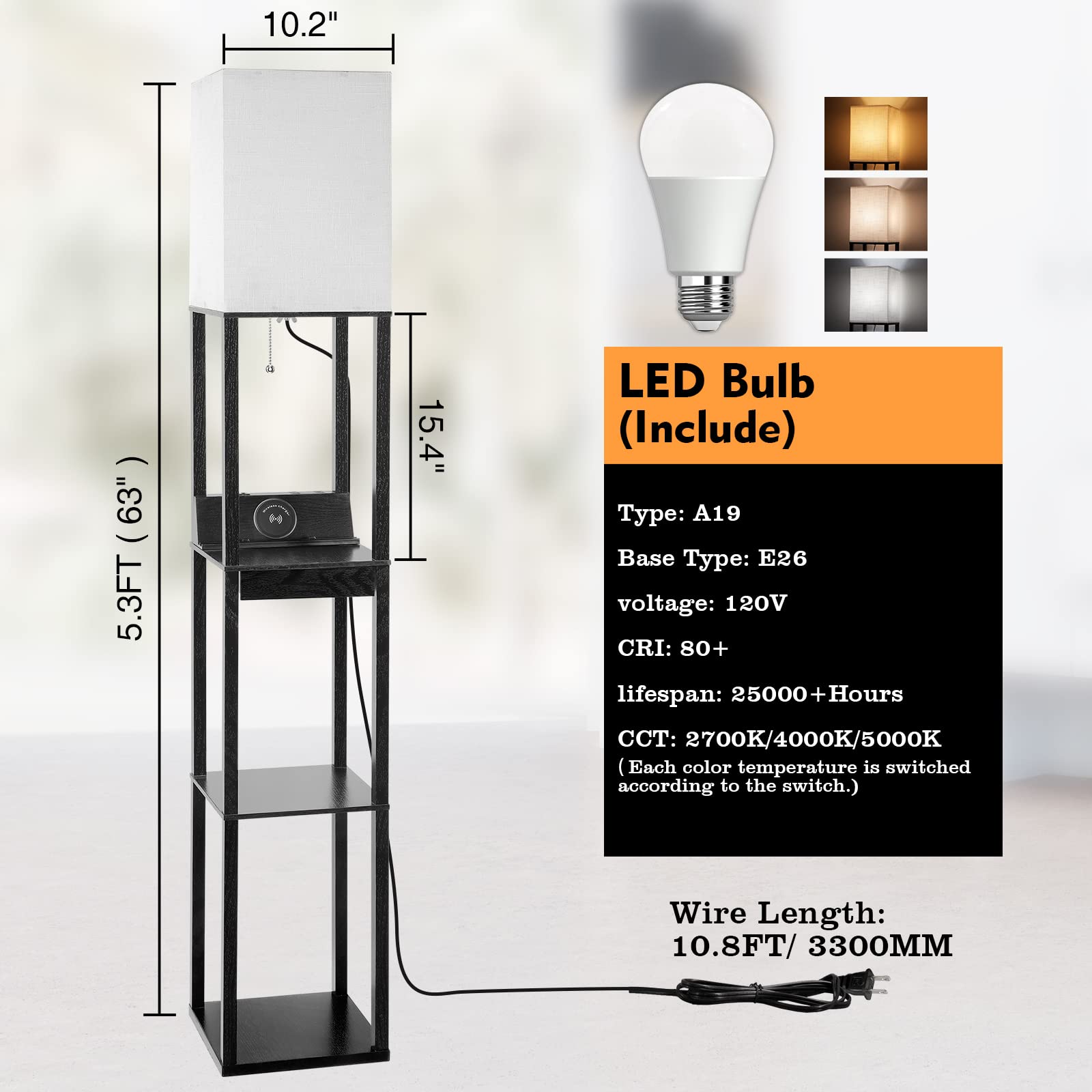 Floor Lamp With Shelves, Runtop Led Shelf Floor Lamp With Wireless Charger & 2 Charging Usb Ports & Drawer, Ac Outlet, 3 Color T