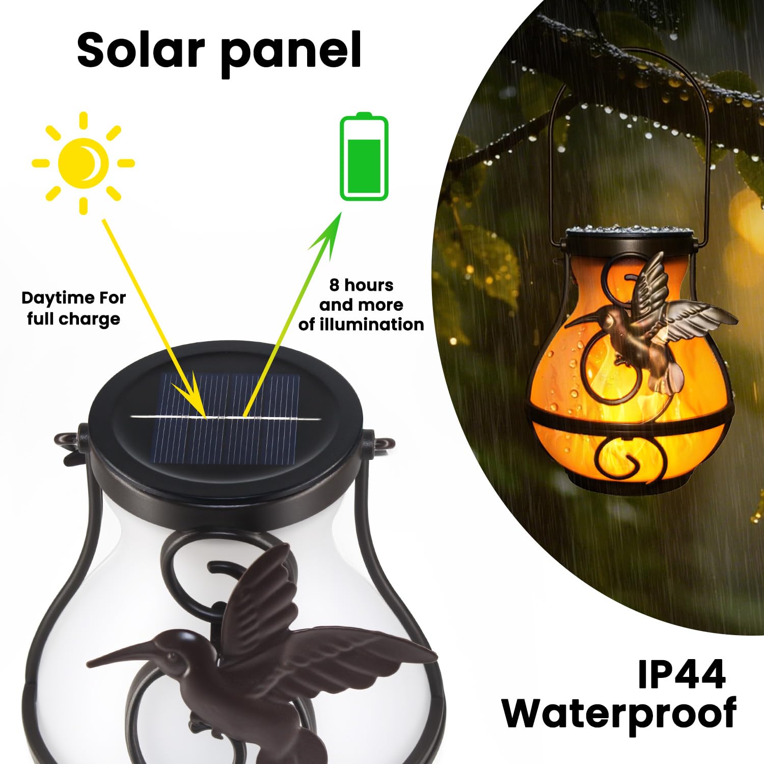 Babineto 2 Pack Solar Lanterns, Waterproof LED Lights with Flickering Flame for Outdoor, Brown, Model HYD-FLSM-01