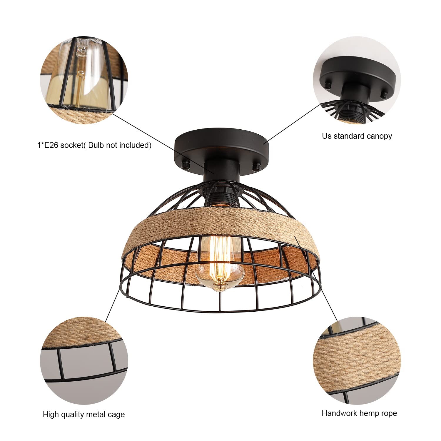 Dijiahua 2 Pack Black Industrial Woven Semi Flush Mount Ceiling Light Fixture