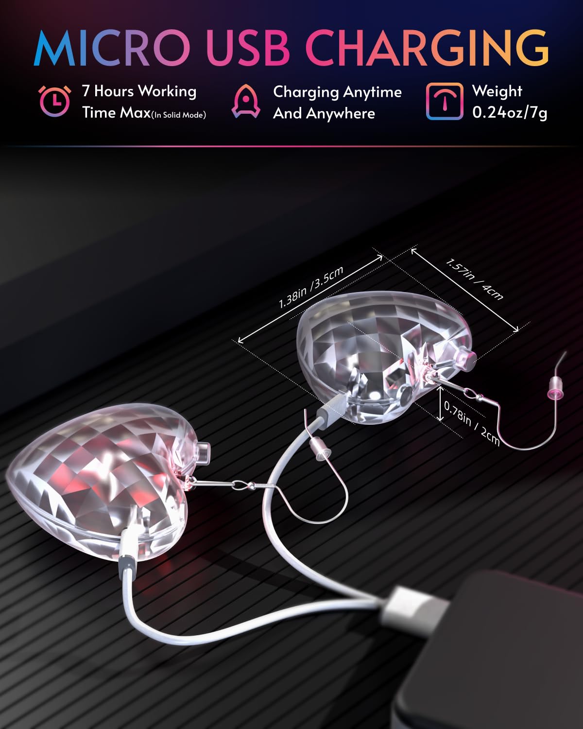 PUFIER LED Earrings - Light Up Heart Earrings with 16 Modes, Rechargeable, Transparent Heart, Model 2llud