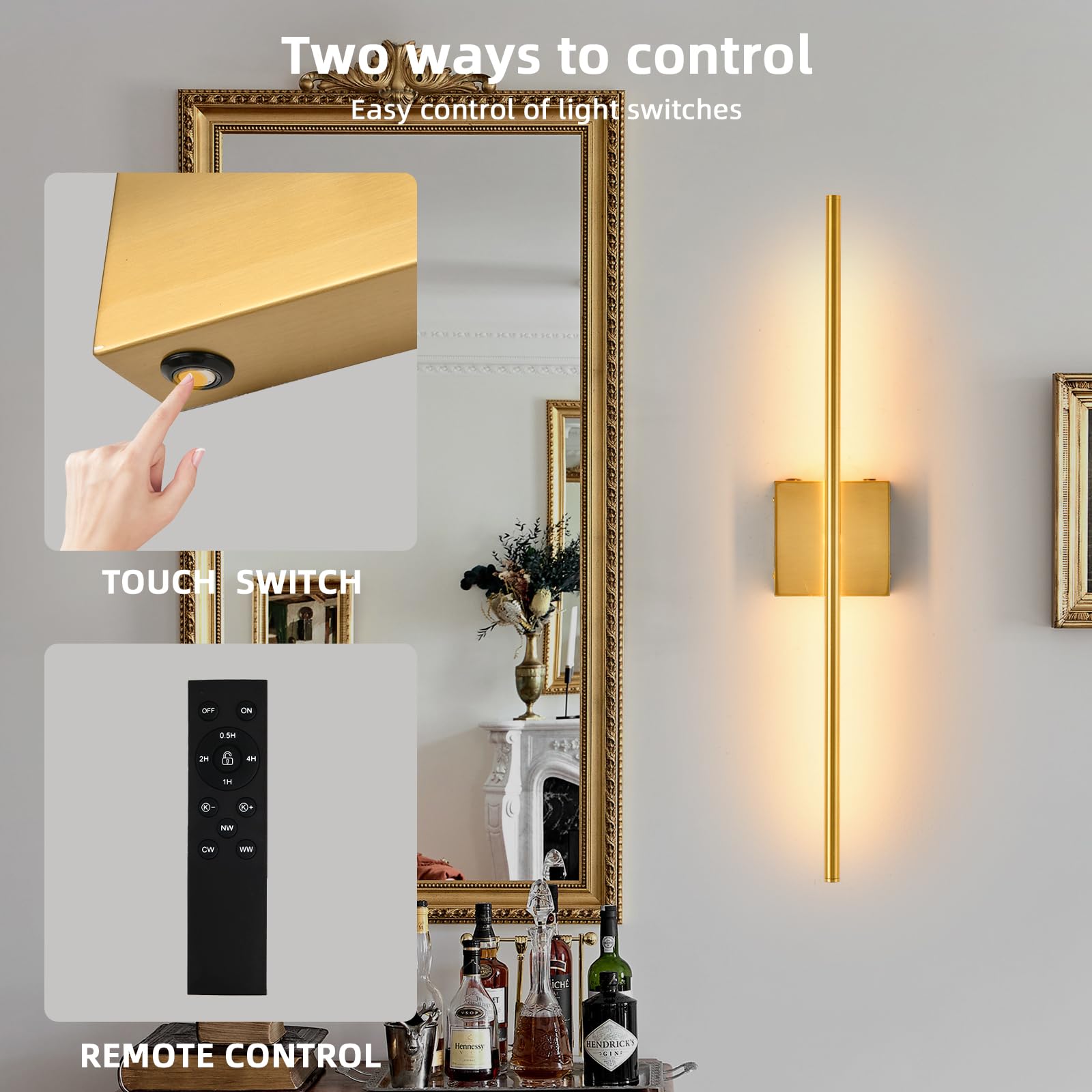 Battery Operated Wall Sconces Set Of 2, 16000Mah Brushed Gold Rechargeable Wall Sconce With Remote Control, 3000K-6000K Dimmable