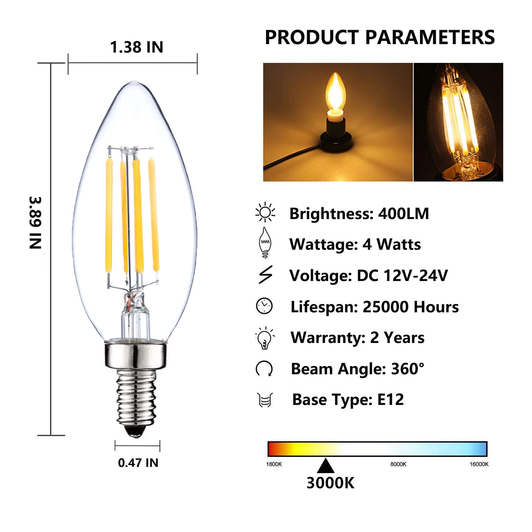 SHUWDKAR 12V LED Candelabra Bulbs E12 Soft White 3000K 40W Replacement, 3 Pack, Glass