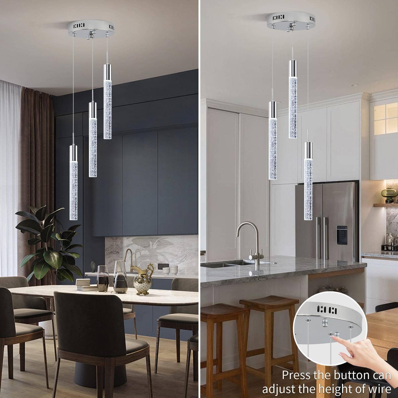 Upfelw Modern Crystal Chandelier, 3-Light LED Pendant Light, Remote Control, Chrome, Model UCC-S07-1212