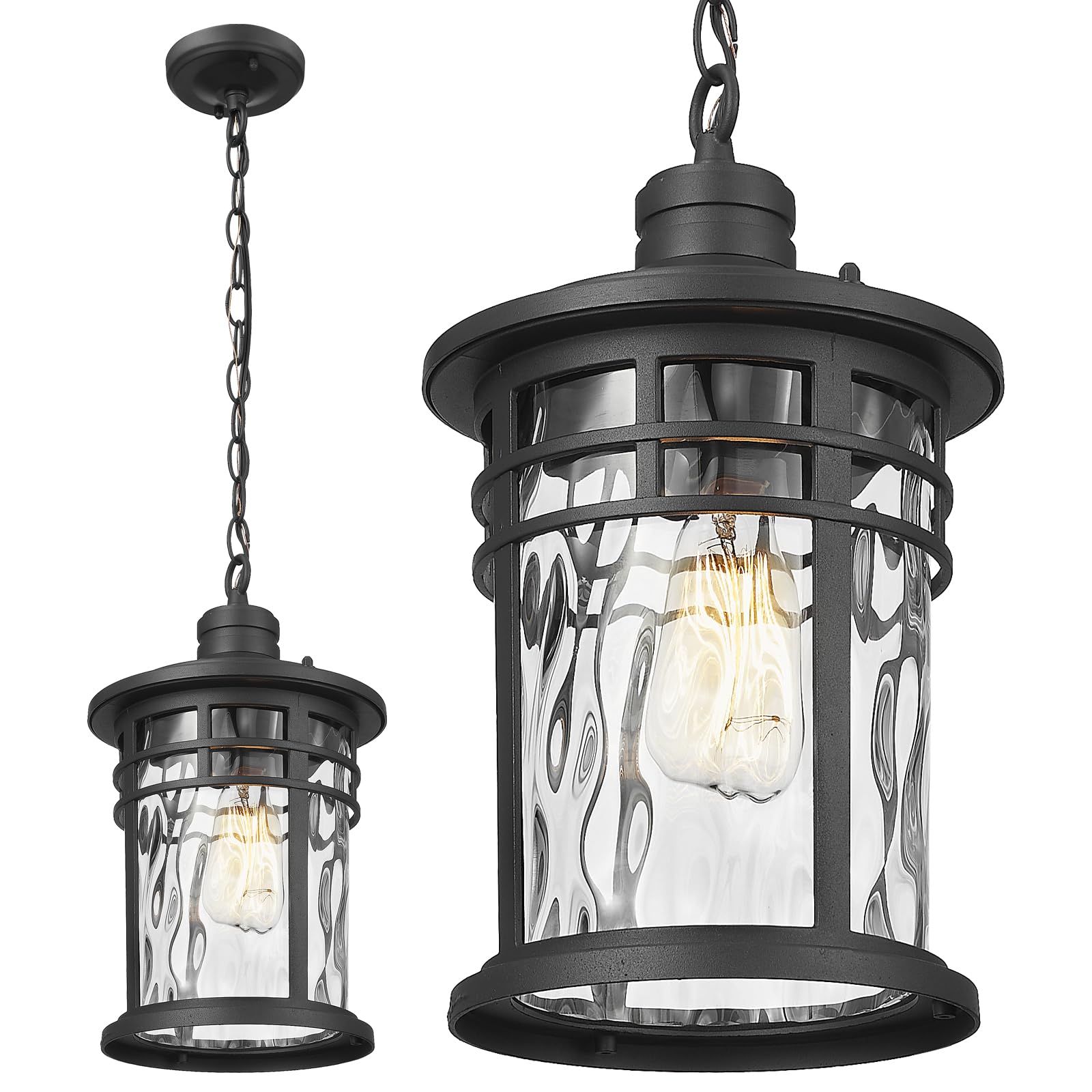 Darkaway Large Outdoor Pendant Light, 15in Aluminum Chandelier with Water Ripple Glass, Ceiling Mount for Porch, Black