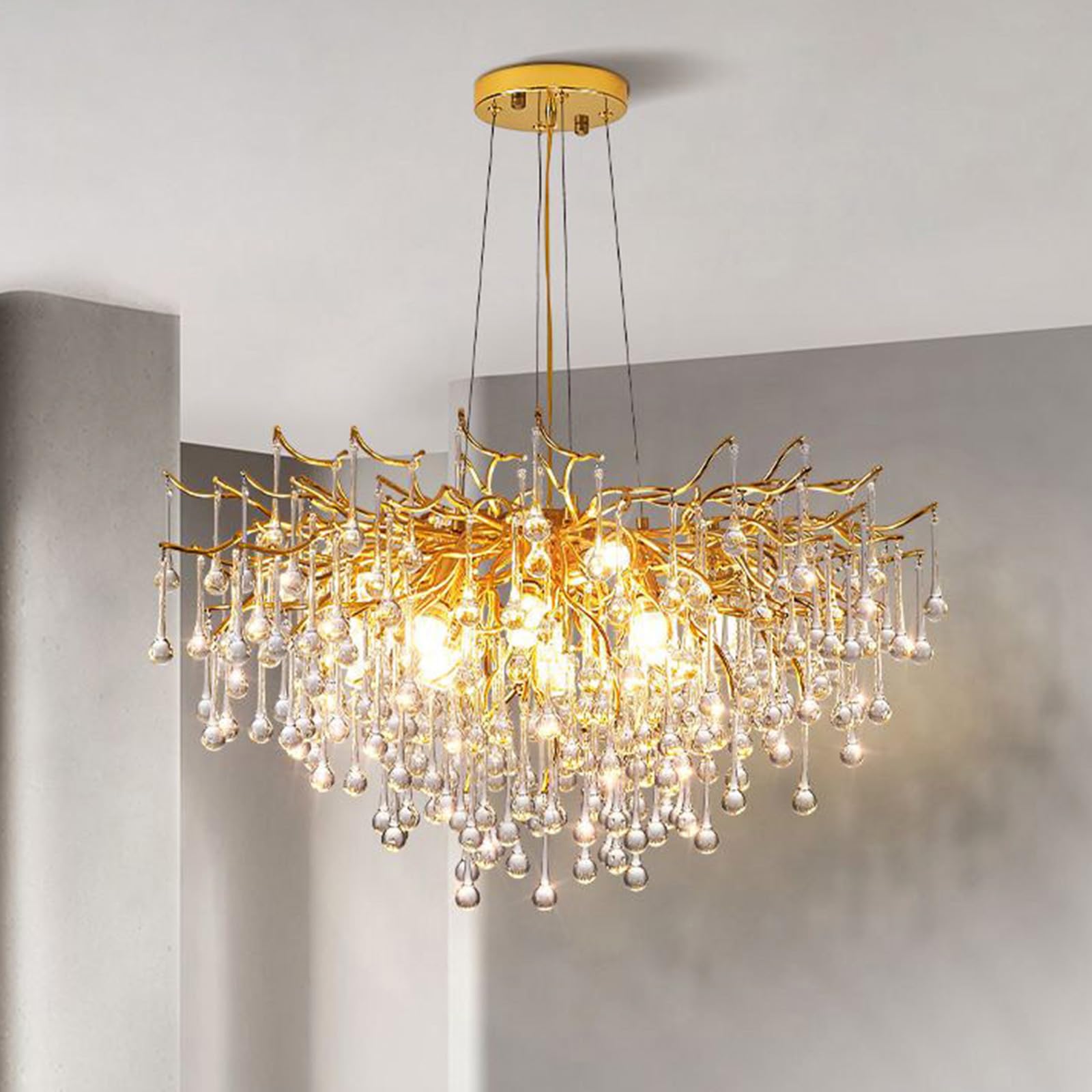 Niuzdu Crystal Chandelier For Dining Room - 31In Modern Farmhouse Crystal Gold Chandelier, Raindrop Tree Branch Chandeliers For 