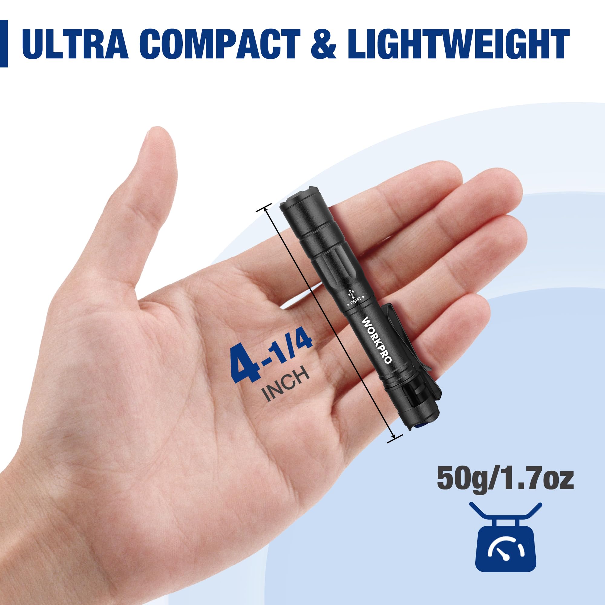 WORKPRO Rechargeable Pen Light, Mini Flashlight 2 Pack, Ultra-Compact with Clip, Black, Model W139017