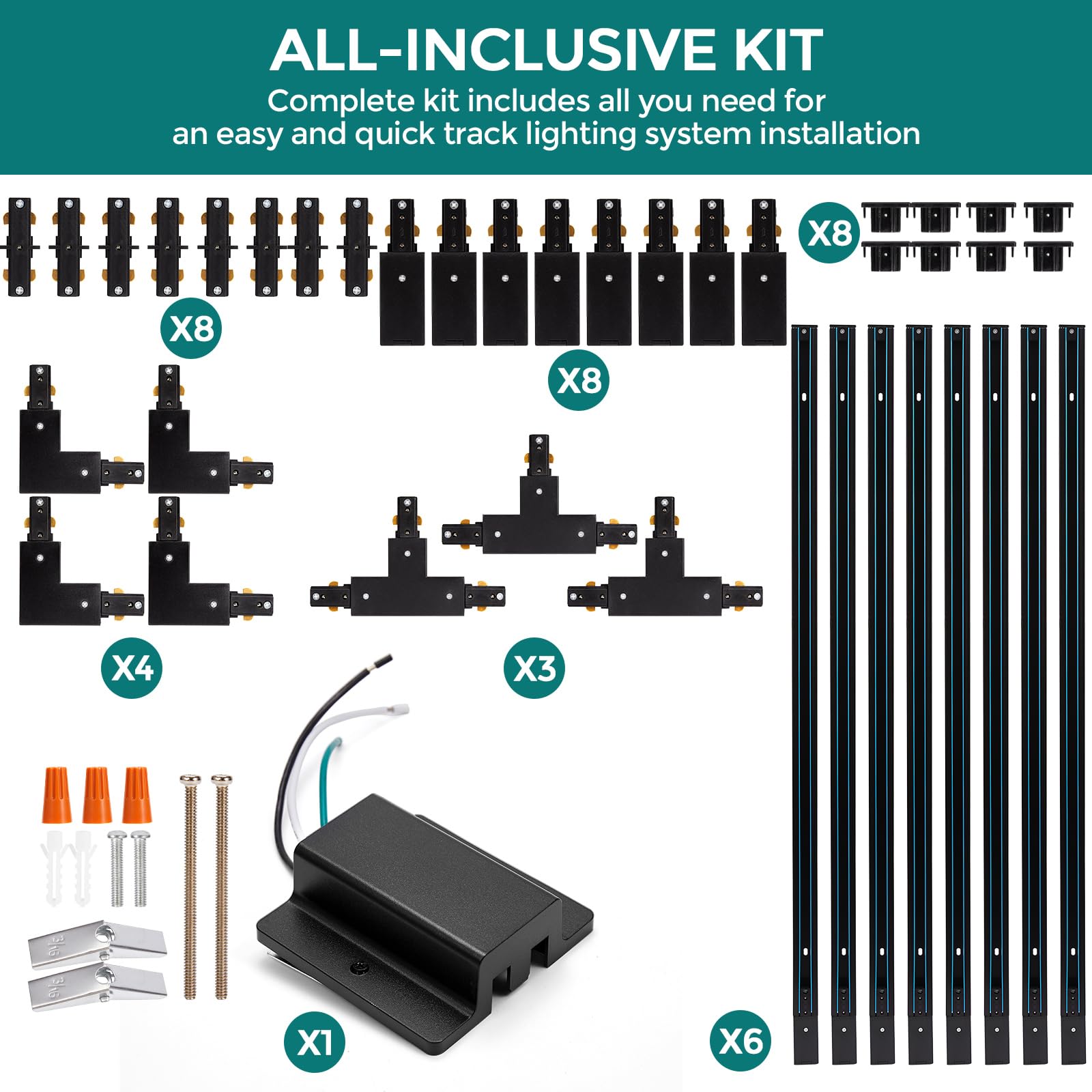 H Track Lighting Rails Kit - Icreating 26Ft Black Track Light Track 3 Wire With Floating Canopy Connector, I And L Connectors Fo