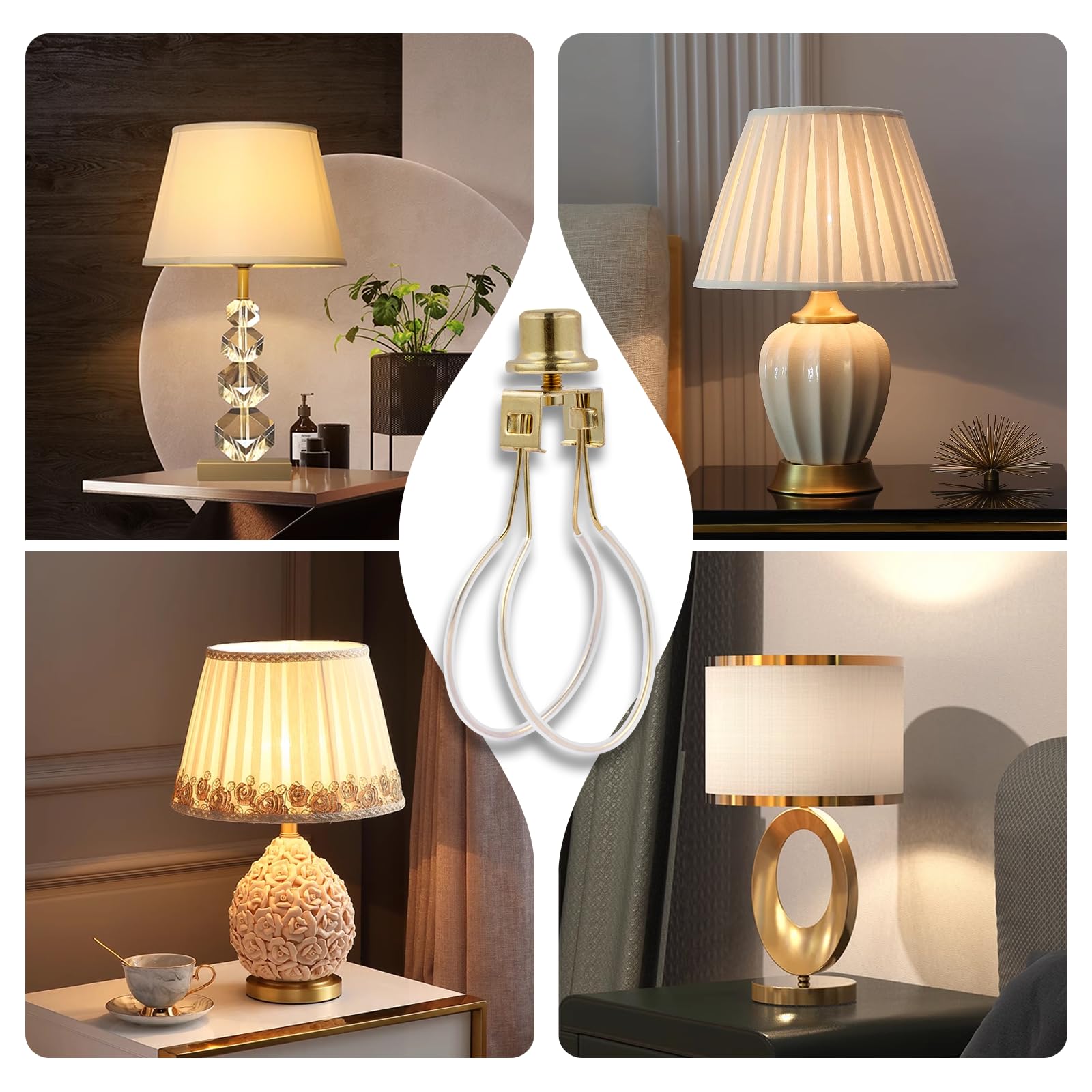Lamp Shade Holder,Lamp Shade Light Bulb Clip Adapter,Clip On Lampshade Adapter Includes Finial And Lampshade Levellers,Spring Clip For Light Bulb (Gold)