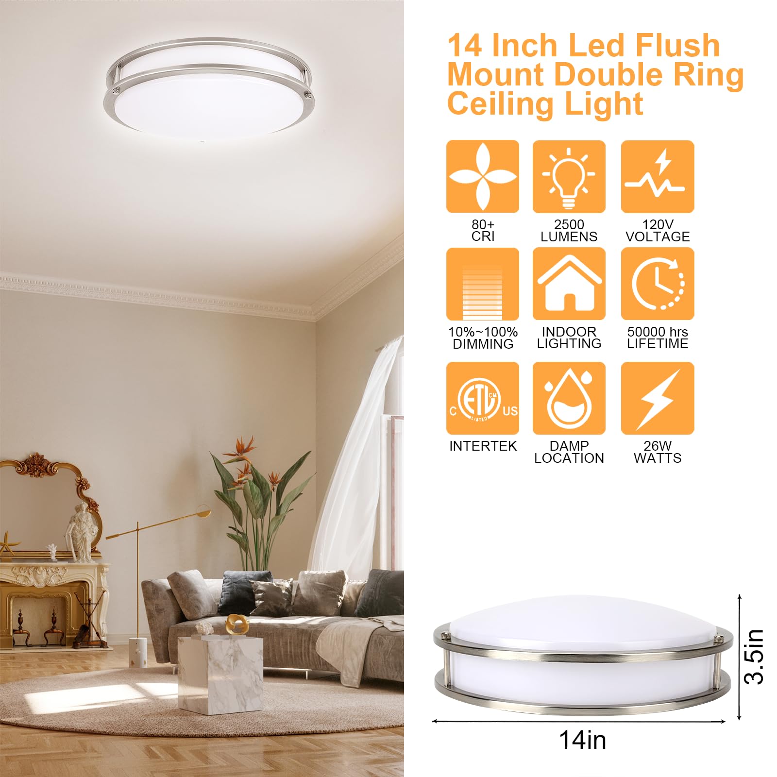 Enateclite 14Inch Double-Ring Nickel Brushed Led Ceiling Light, Flush Mount Ceiling Lighting Fixture, Super Bright 2500Lm, 26W,