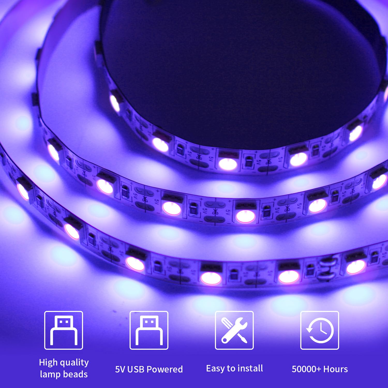 Inextstation Uv Black Led Light Strip Usb, 2M/6.6Ft 5V Smd5050 Leds 395Nm-405Nm Blacklight Strip For Fluorescent, 3D Print Curin