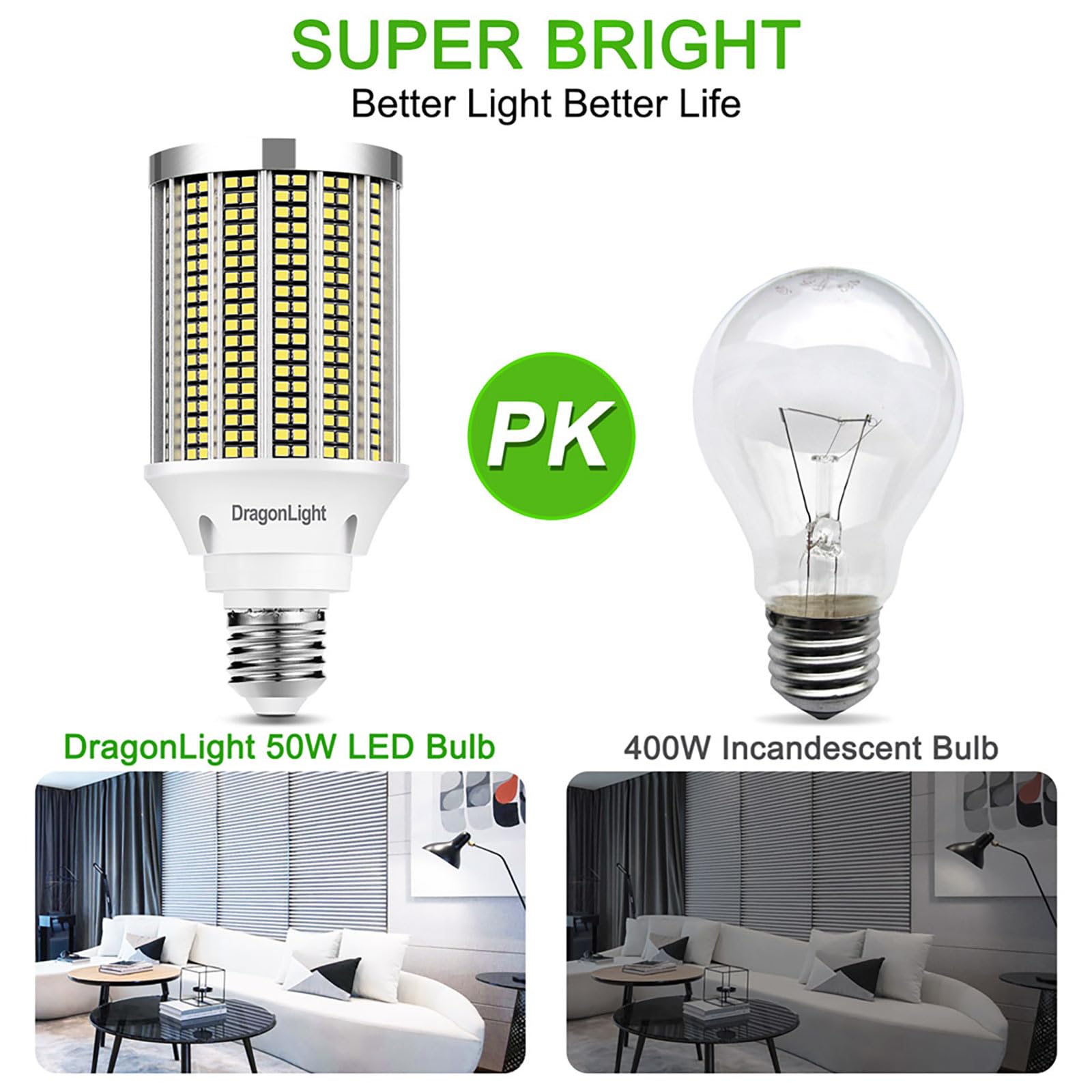Dragonlight 50W Super Bright Led Corn Light Bulbs (400 Watt Equivalent) - E26 Base Led Lamp 6000K Daylight 6,000 Lumens For Larg