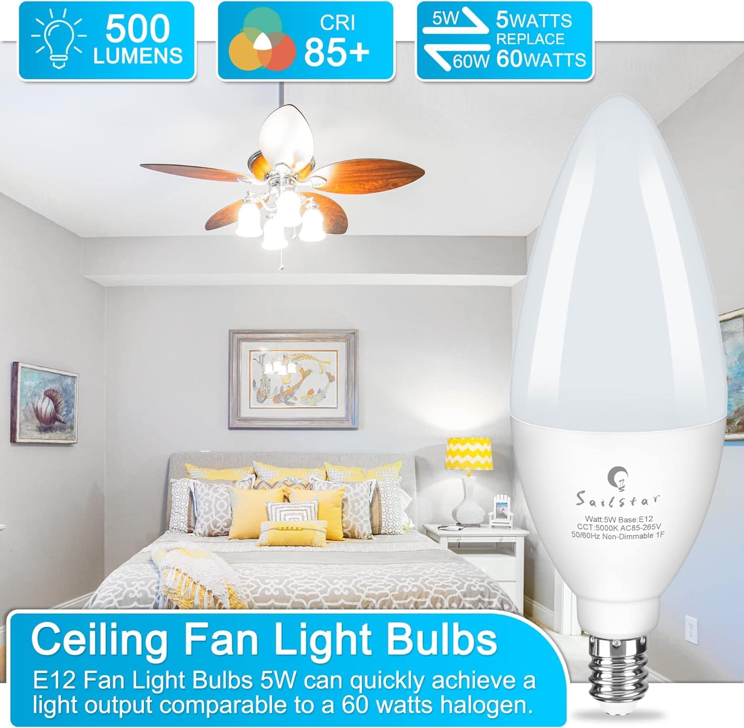 Sailstar Candelabra Light Bulbs 60 Watt Equivalent, 5000K Daylight, 5W E12 Small Base Type B Led Bulbs, 500 Lumens, Chandelier Ceiling Fan Light Bulbs, Cri 85, Non-Dimmable, Pack Of 10