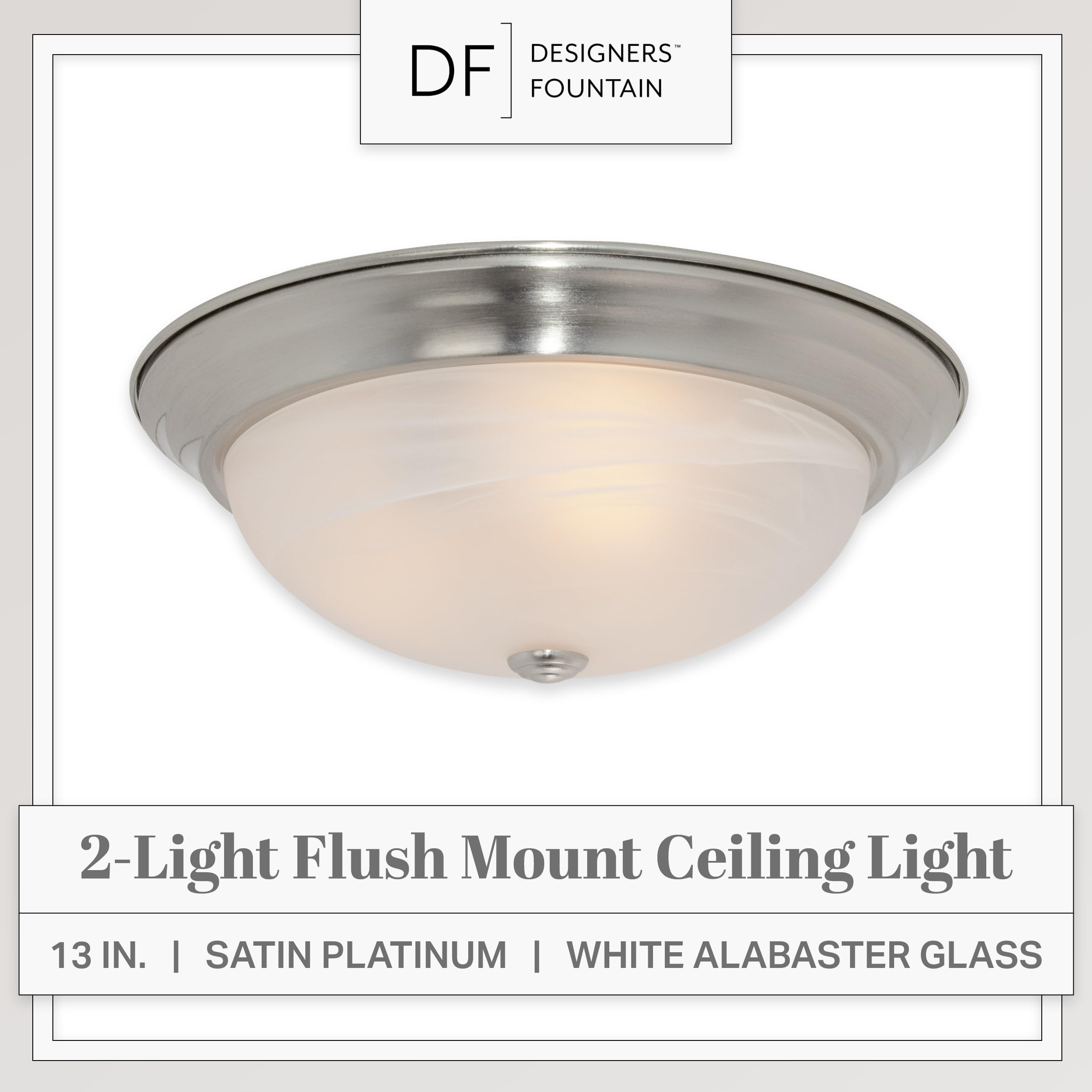 Designers Fountain 2-Light Flush Mount Ceiling Light, 13 Inch Lighting Fixture For Kitchen, Bedroom, Bathroom, And Hallway, Whit