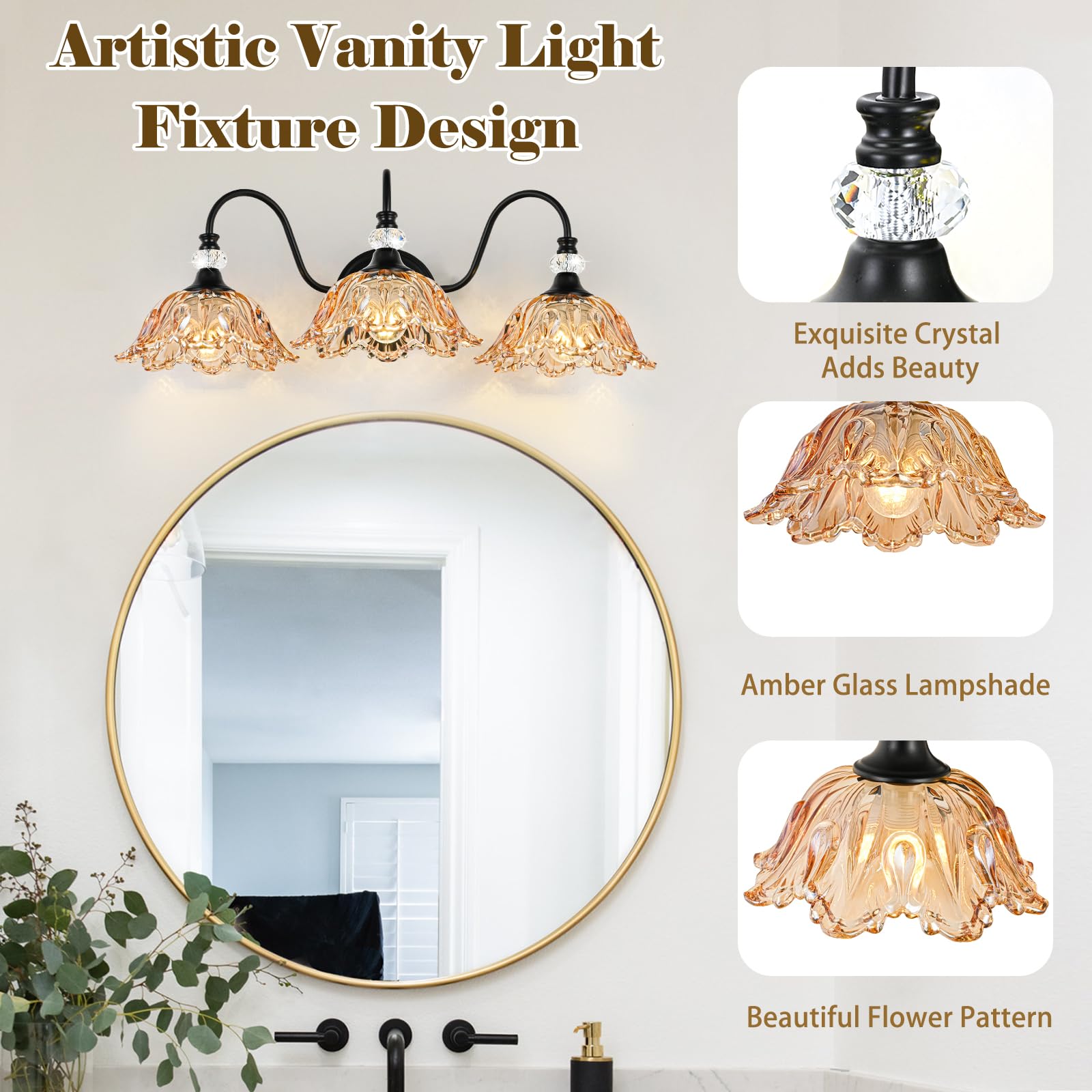 sunkryster 3-Light Bathroom Vanity Light, Black & Amber Floral Glass Shades, Vintage Farmhouse Wall Mount, Model Sun-104AB-3-Black-Amber