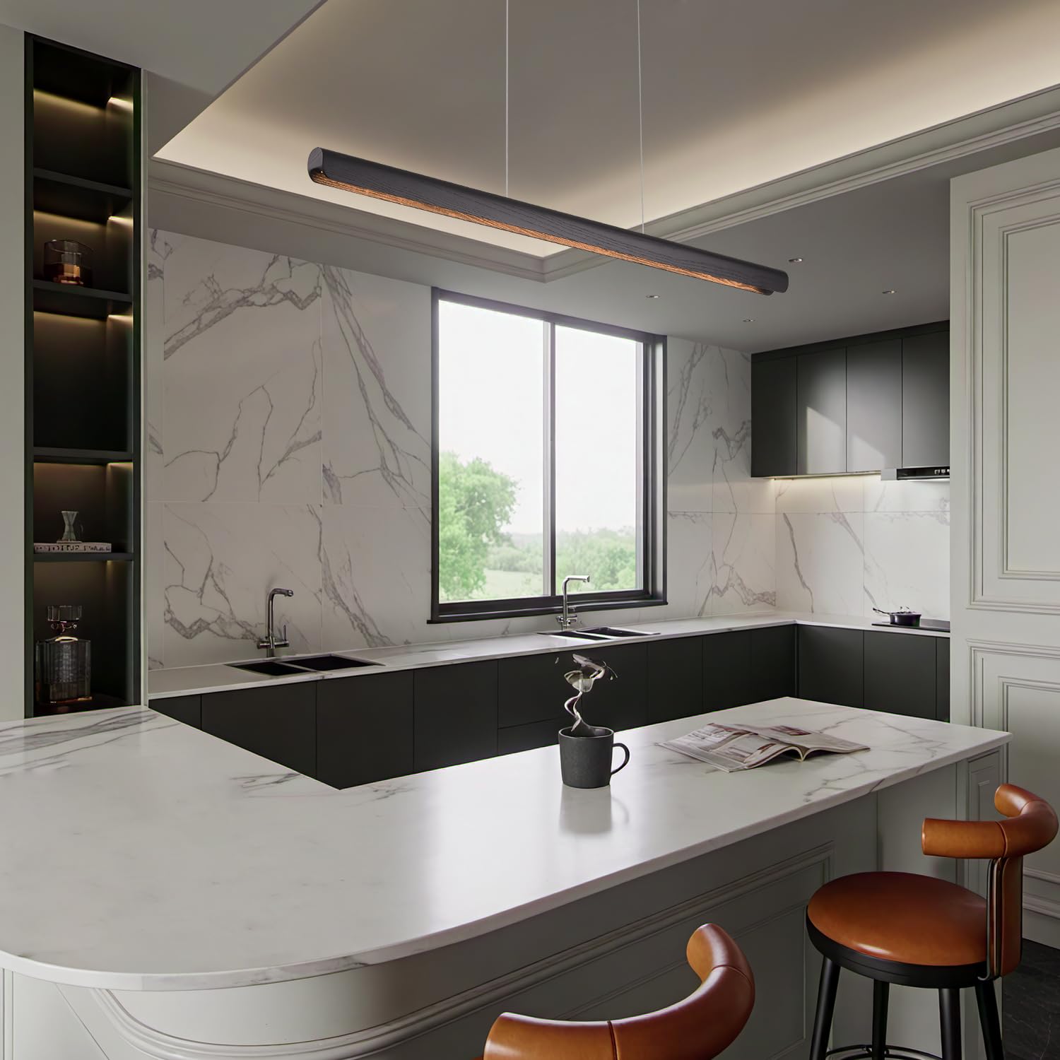 YISDESIGN 39" Dimmable Wood LED Pendant Light, Black Finish, Modern Island Lighting for Kitchen & Dining Room, Model 2260-2025