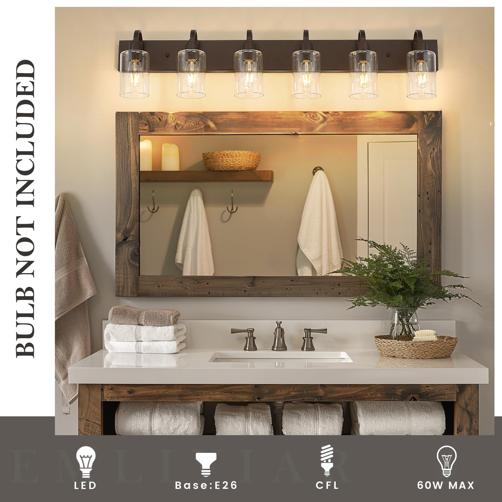 Emliviar 44.7" 6-Light Farmhouse Vanity Light, Oil Rubbed Bronze Wall Sconce With Clear Glass