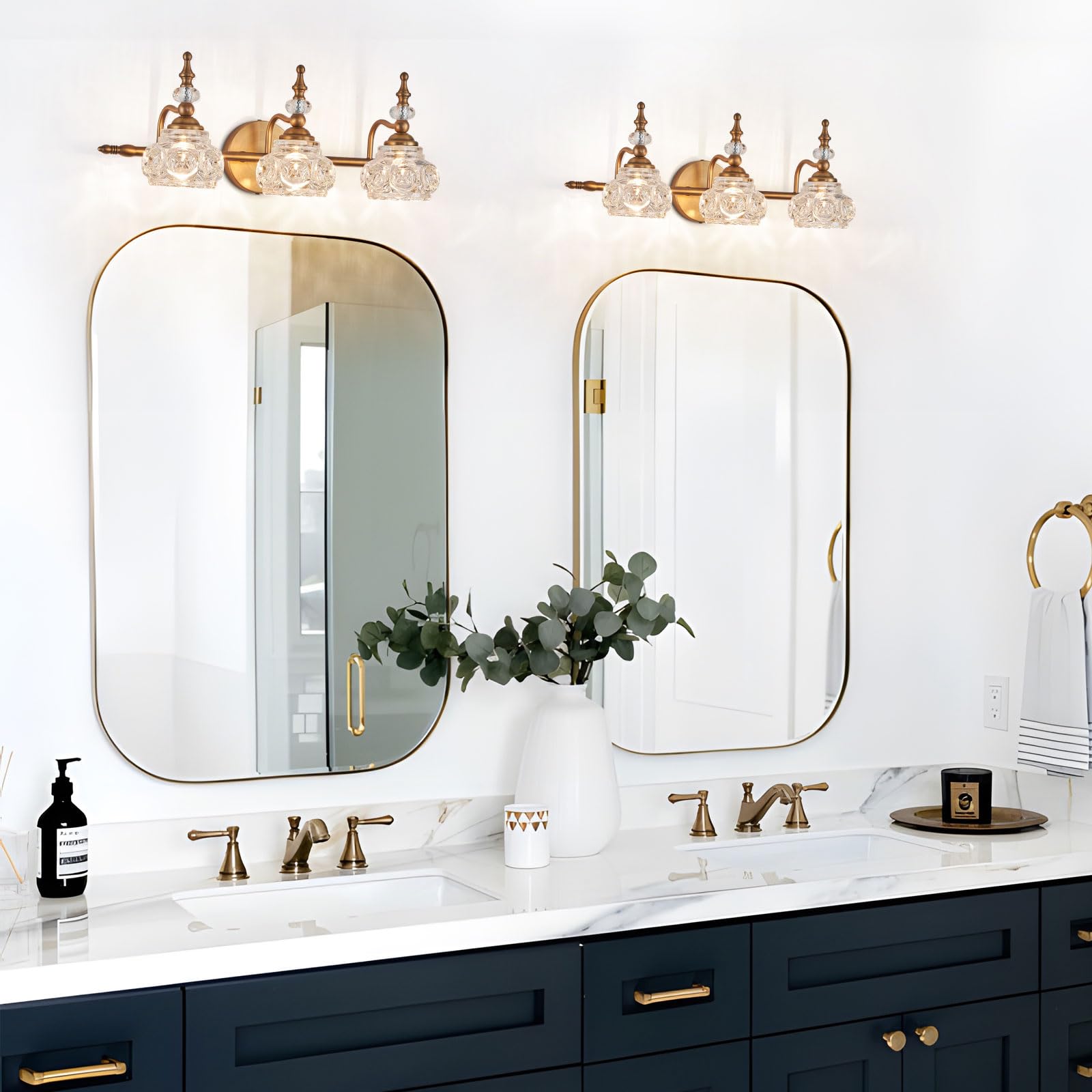 ZILANL Vintage Bathroom Vanity Light Fixture, 3-Light Brass, Crystal Shade, Model WJ-W885-3