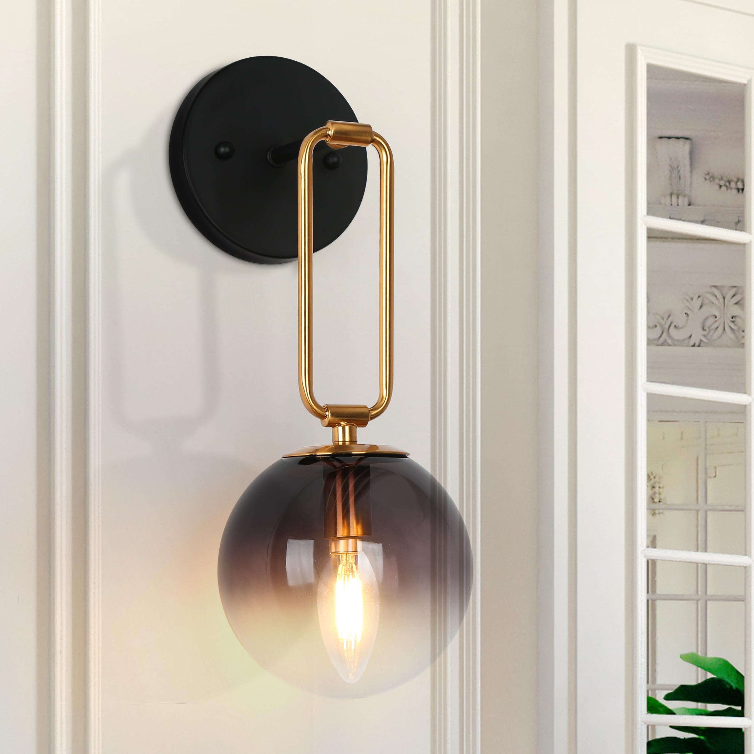 KSANA Black Gold Wall Sconce, Modern Wall Mounted Lanterns Black and Electroplated Brass Sconce Lighting with Colored Globe Glas