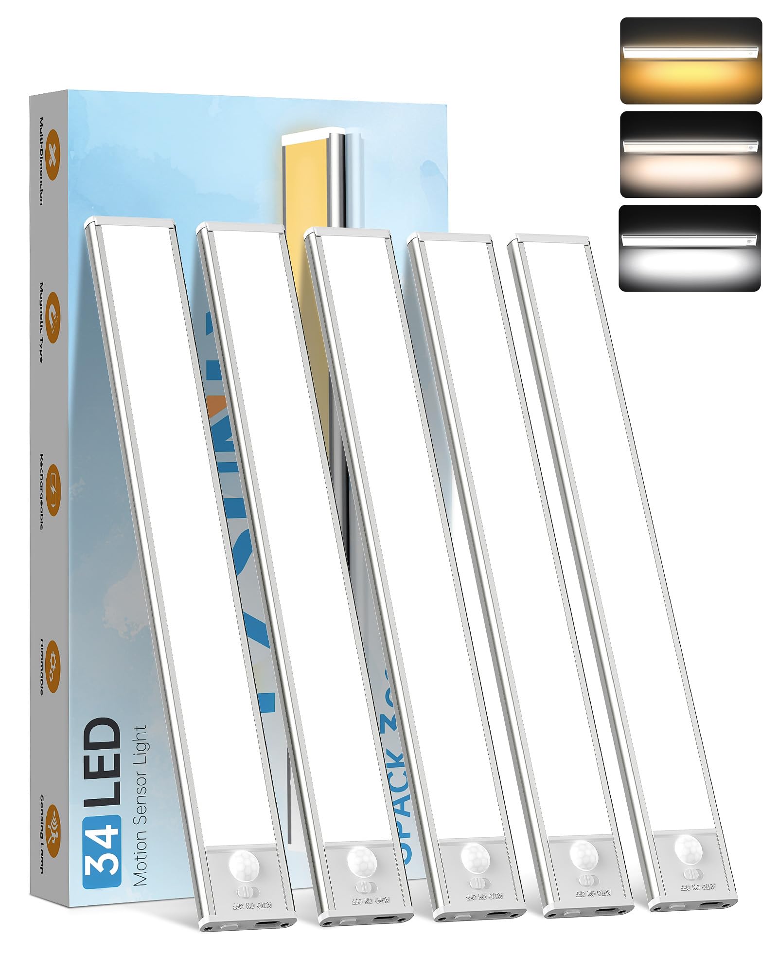 PZSUNLY 5 Pack Under Cabinet Lighting,Rechargeable Motion Sensor Light Indoor,3 Colors Dimmable,Magnetic Closet Lights,Under Cou