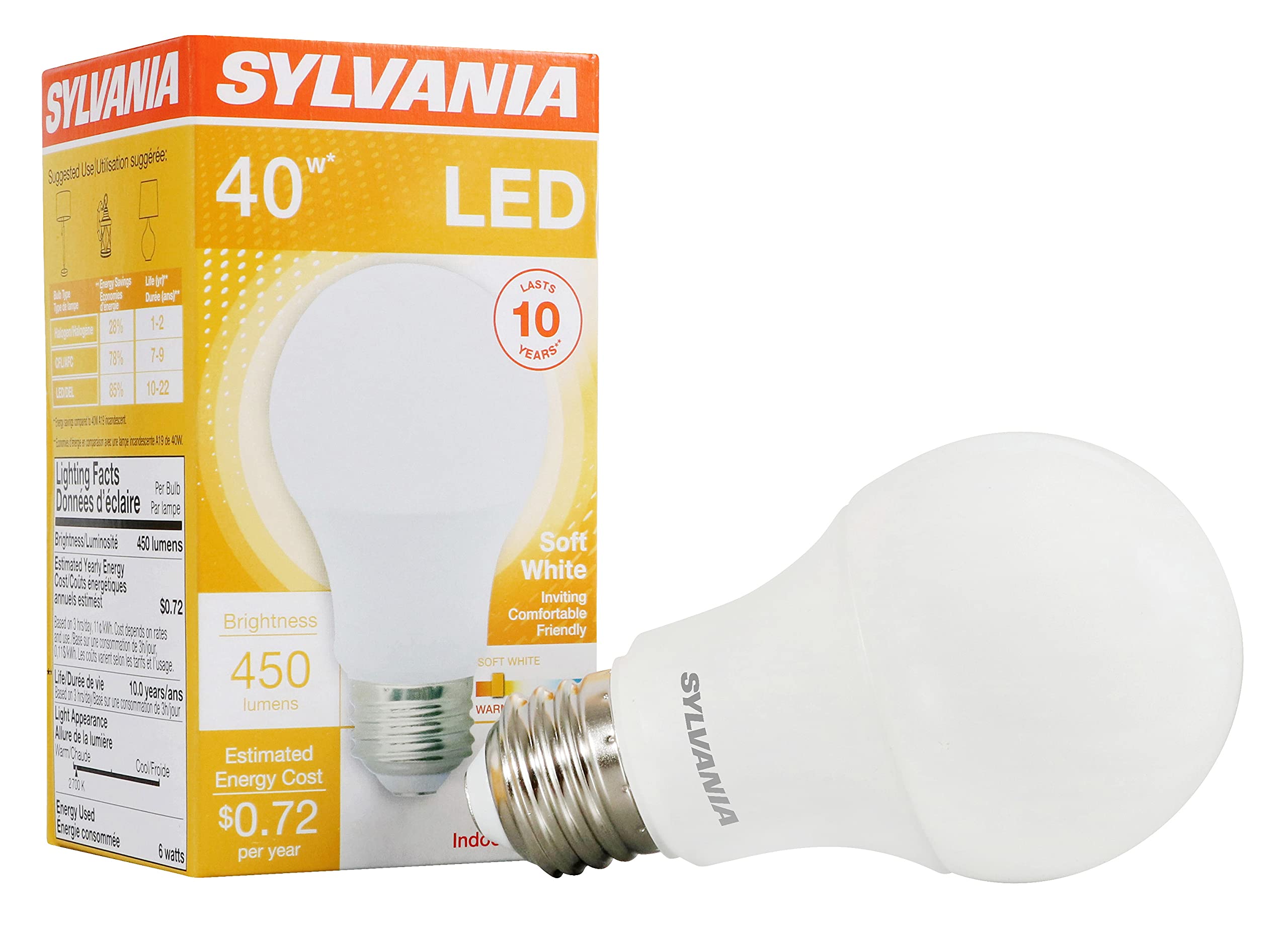 Sylvania Led Light Bulb, 40W Equivalent A19, Efficient 6W, Medium Base, Frosted Finish, Soft White - 1 Pack (74076)
