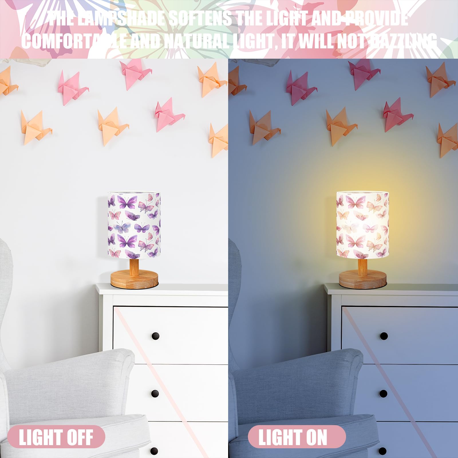 Vihose Butterfly Table Lamp For Bedroom Kids Bedside Lamp With Linen Wooden Nightstand Lamp Cartoon Nursery Lamp Lampshade For G