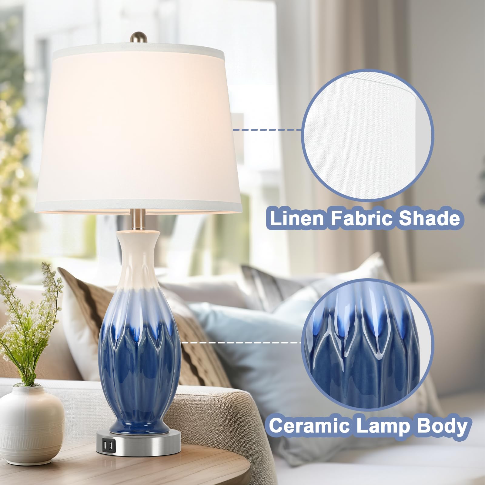 Bosceos 28” Tall Table Lamps Set of 2, Navy Blue Ceramic with USB Ports, Coastal Design for Living Room & Bedroom