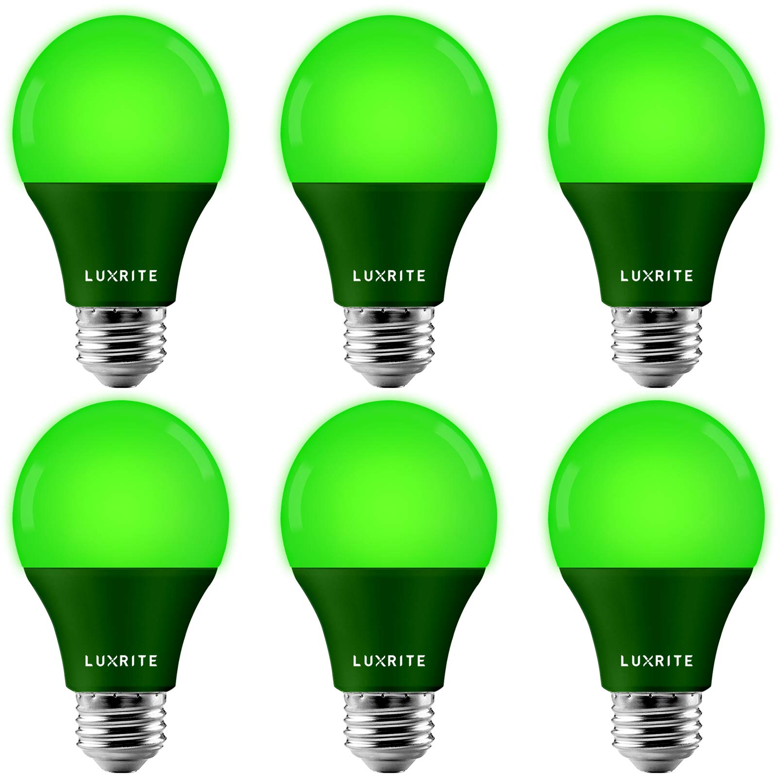 LUXRITE A19 LED Green Light Bulb, 60W Equivalent, Non-Dimmable, E26 Base, 6 Pack