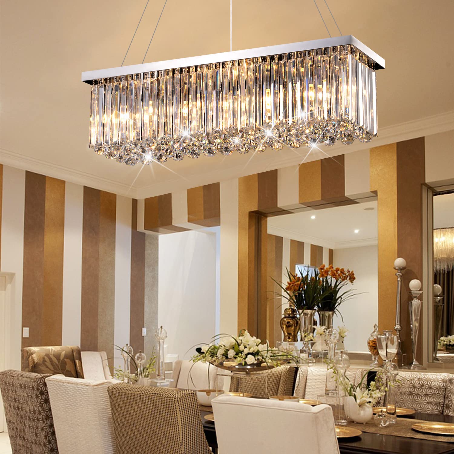 Modern Silver Rectangular Crystal Chandelier, Dining Room Chandeliers Over Table, Luxury Chrome Pendant Ceiling Light Fixtures f