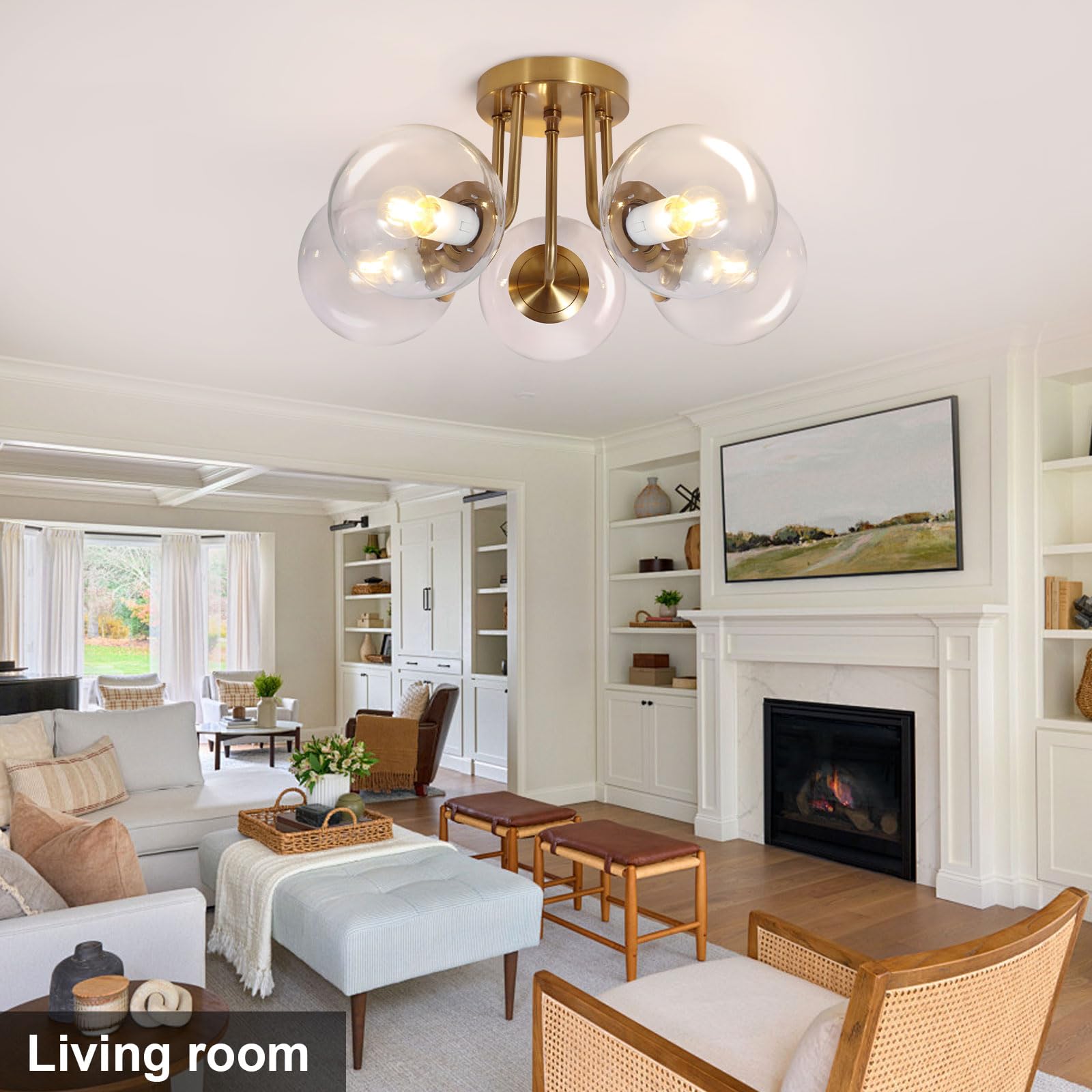 Bektas 5-Lights Semi Flush Mount Ceiling Light Fixture Brushed Gold Light Fixture Bend Modeling With Transparent Glass Shade For Bedroom,Living Room,Dinning Room Foyer Hallway