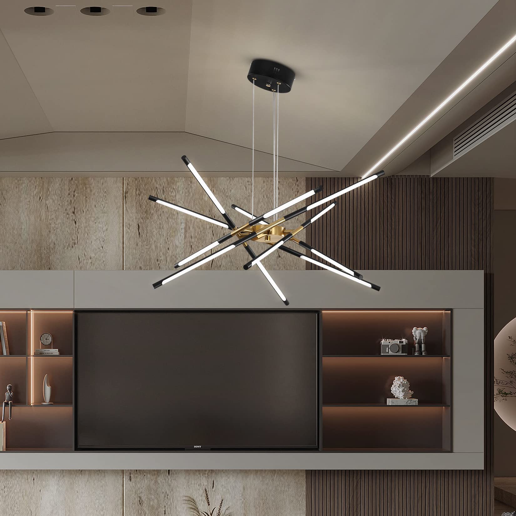 Modern Chandelier,Black And Gold Chandelier 12 Light Led Dimmable Pendant Lights,Easy To Install Ceiling Light 54W Linear Hangin