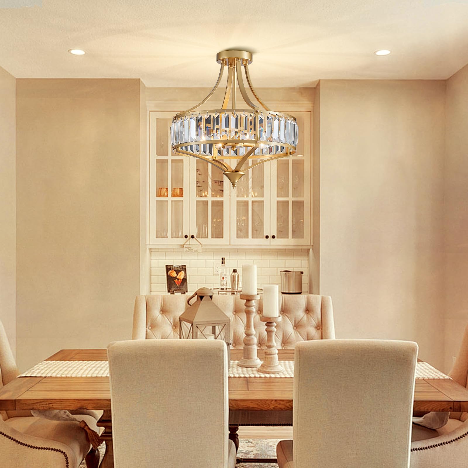 Avzkcy Modern Gold Crystal Chandelier 16 Inches Flush Mount Ceiling Light Fixtures 4-Light Rustic Round Dining Chandelier Suit F