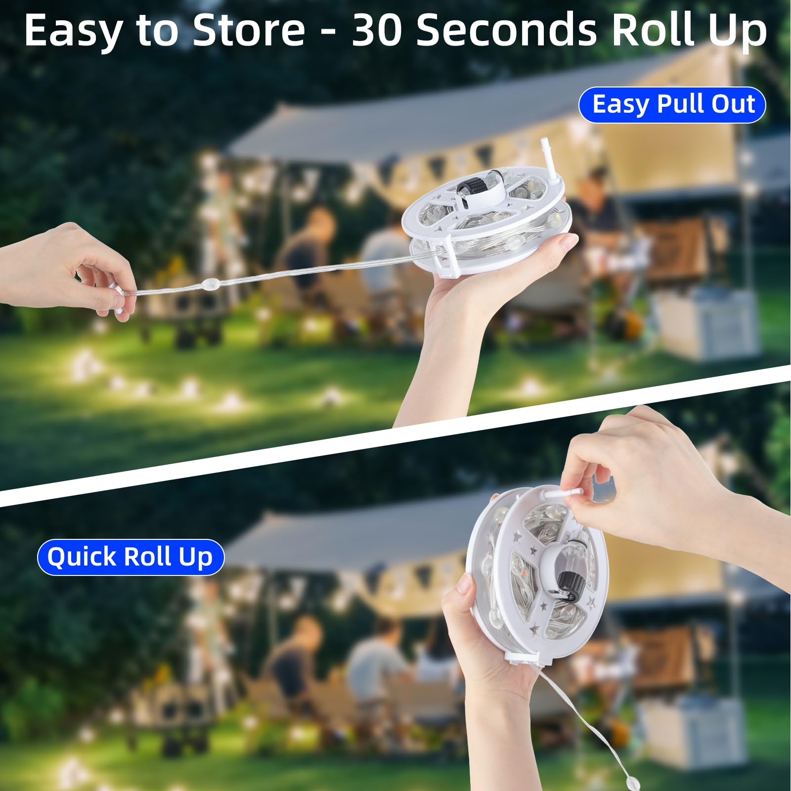Moobibear Camping String Lights, 33FT 100LED RGB, Waterproof LED Lamp, Rechargeable Tent Lights, Model B-SL003-50L-WN, 10M Rugby