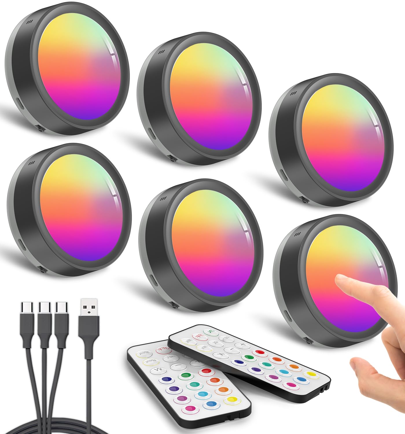 Rechargeable Color Changing Puck Lights, Black Battery Operated Tap Light With Remote Magnetic Push Lights Stick On Closet Lights Wireless Led Usb Shelf Light Rgb Under Cabinet Touch Lights Classroom