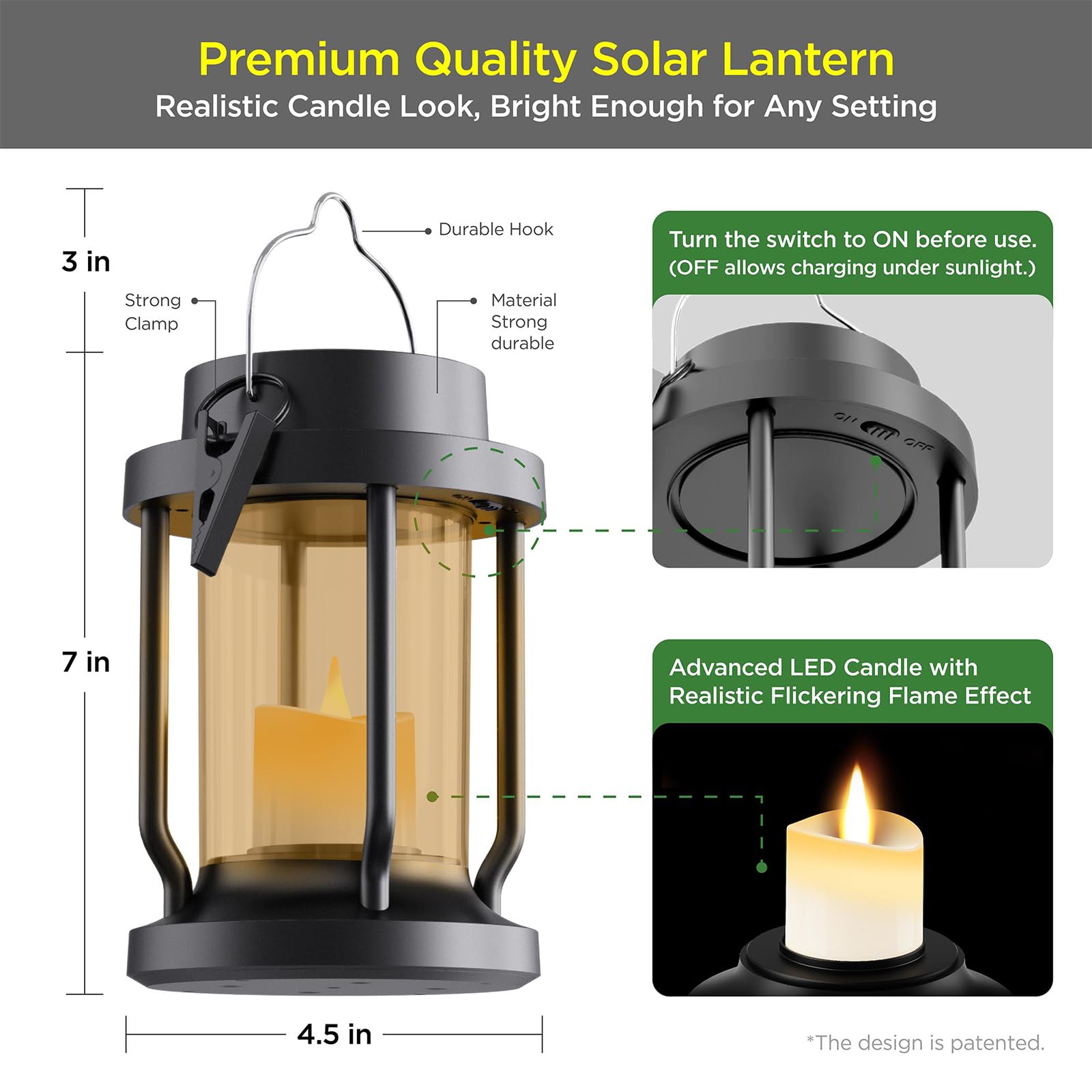 FriutShine Solar Lantern - Hanging Flickering Flameless Candle, Weatherproof, 2 Pack, Black + Amber, Model L01