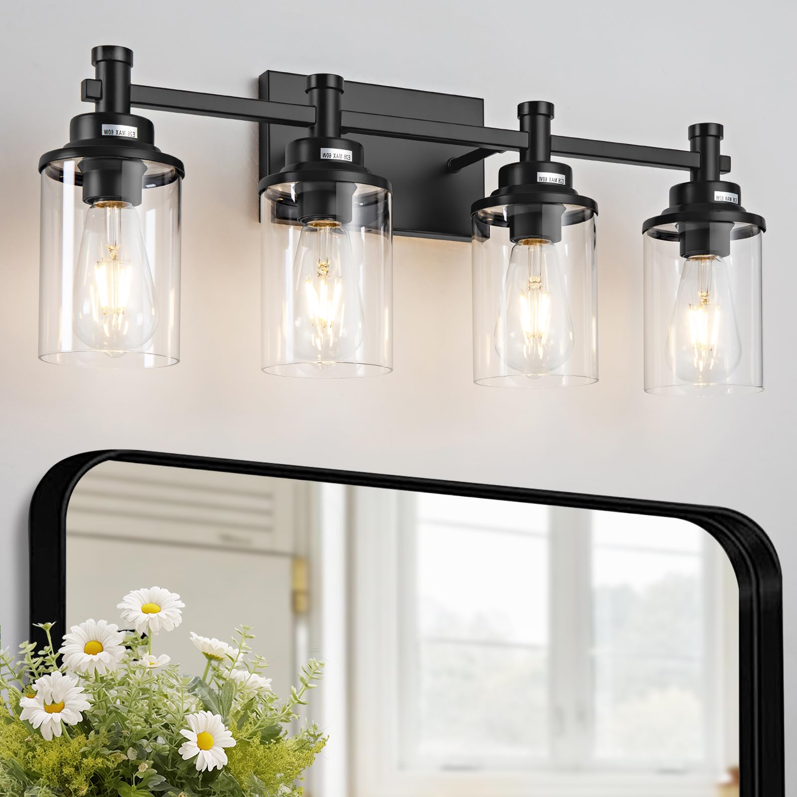Aixialin 4 Lights Bathroom Light Fixtures, Bathroom Vanity Lights With Clear Glass Shades, Matte Black Bathroom Light Fixtures O
