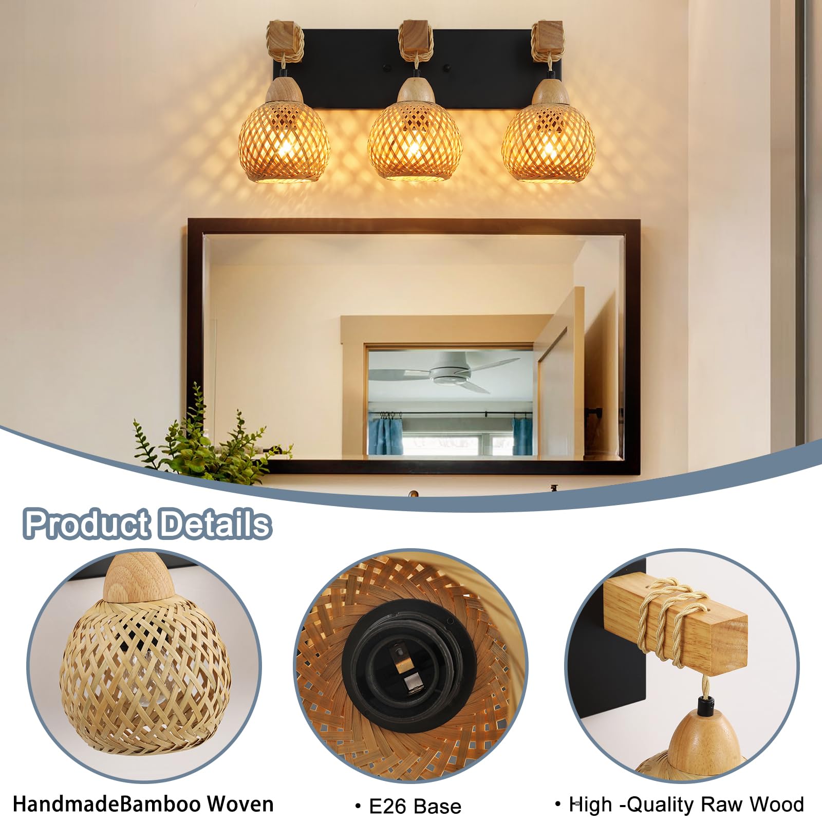 Lmnlvn 3-Light Bathroom Vanity Light Fixtures, Rustic Style Farmhouse Wood Bathroom Wall Sconce, Handmade Bamboo Woven Boho Wick