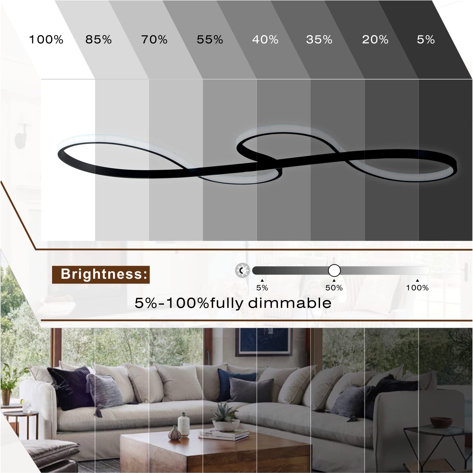 HiHiHomy Modern Dimmable Black LED Chandelier, 39.3in Height Adjustable Light Fixture for Dining Room, Remote Control, Model B0C26SH1MT